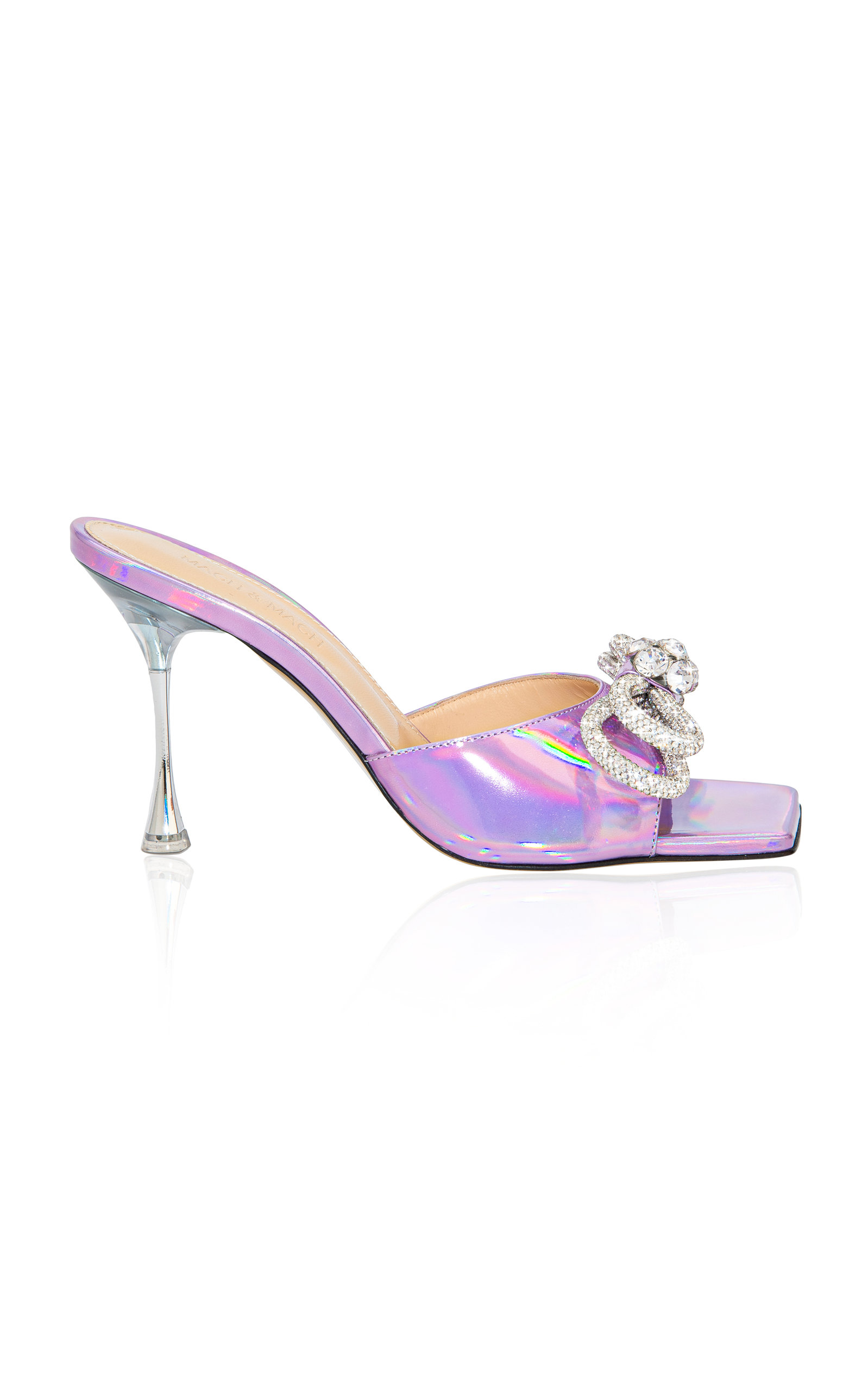 Mach & Mach Double Bow Embellished Iridescent Leather Mules - Pink