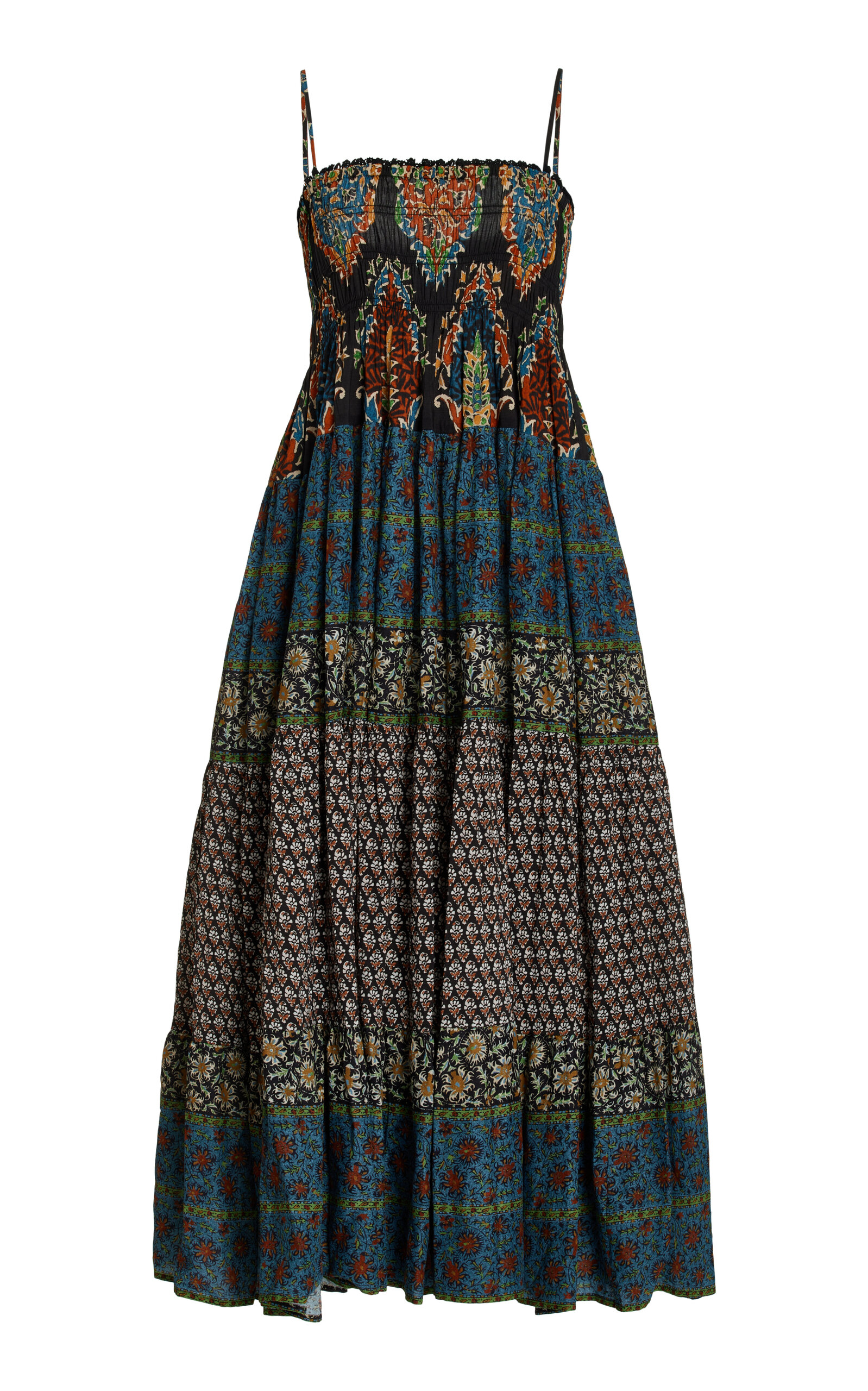 Boteh Rhea Shirred Printed-cotton Maxi Dress In Black