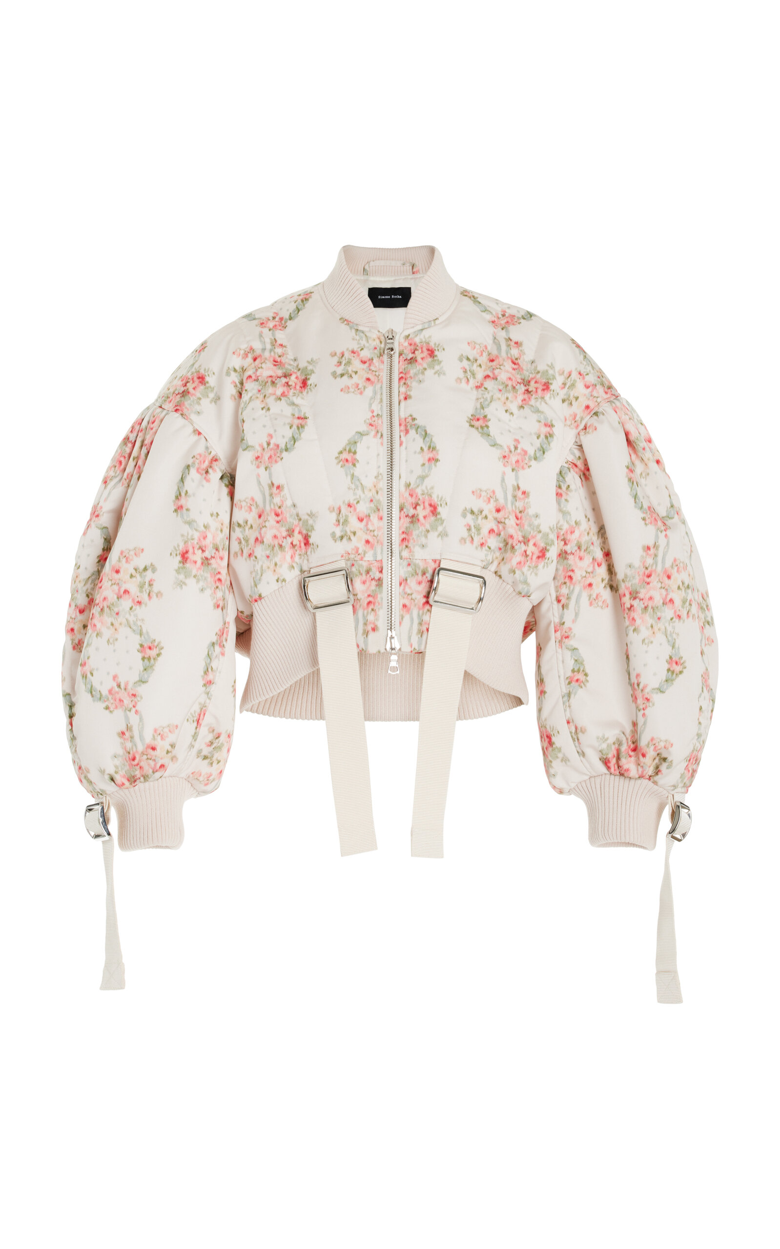 SIMONE ROCHA PUFF-SLEEVE FLORAL TAFFETA CROPPED BOMBER JACKET