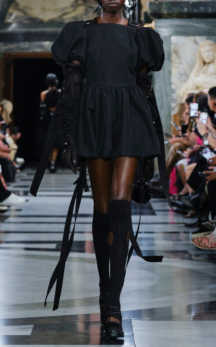 simone rocha black dress Sheer Puff Sleeve Patchwork Flounce Dress Simone Rocha