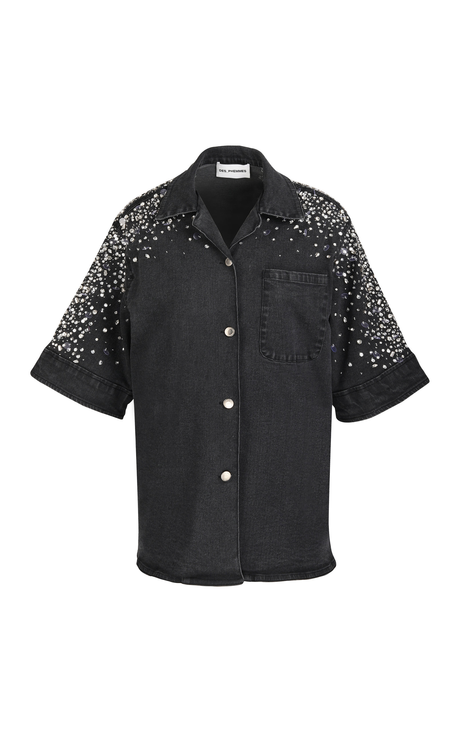 DES_PHEMMES Stone Washed Denim Emboidered Bowling Shirt - White