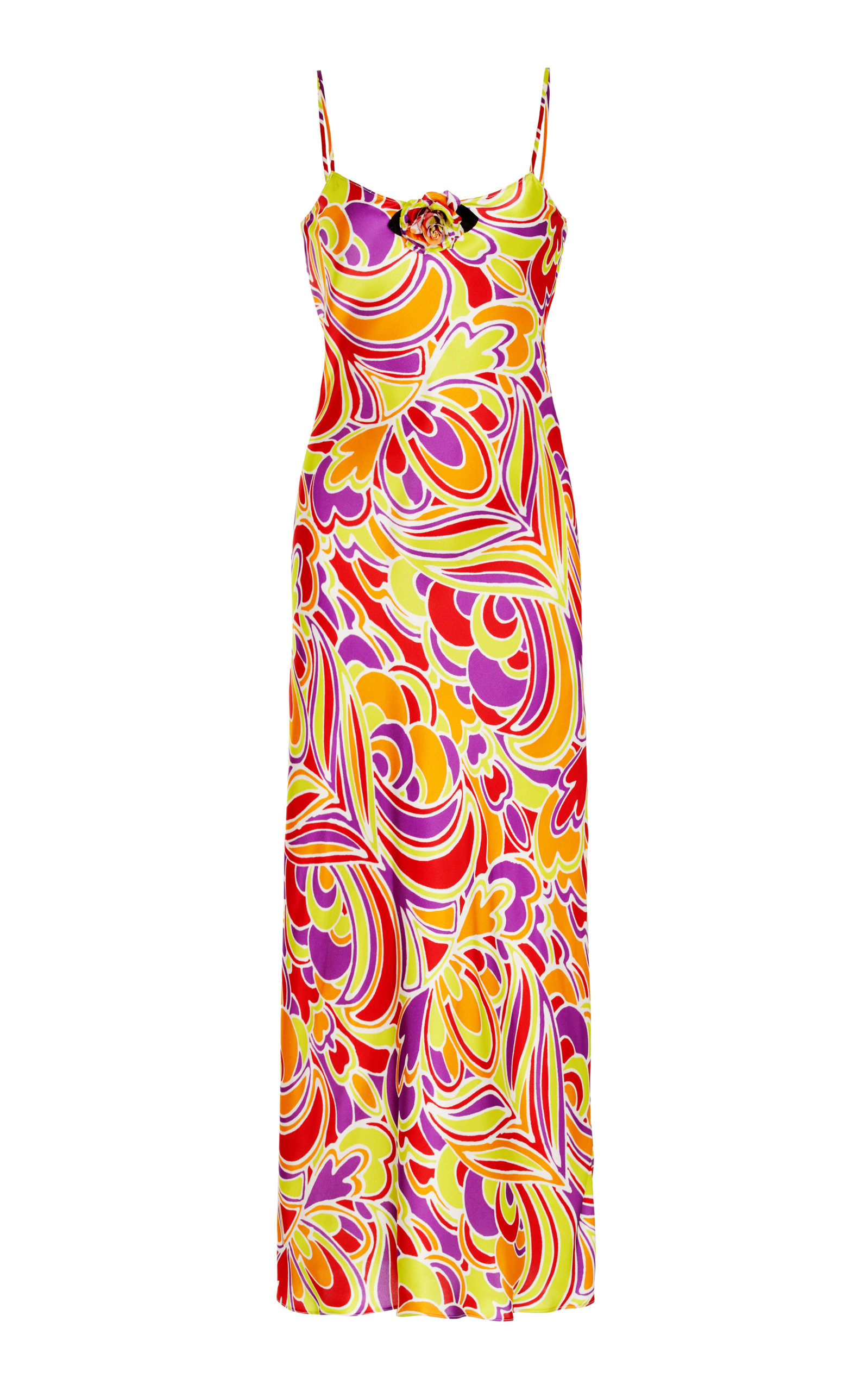 Rodarte Rose-brooch Abstract-print Crepe Slip Dress In Multi