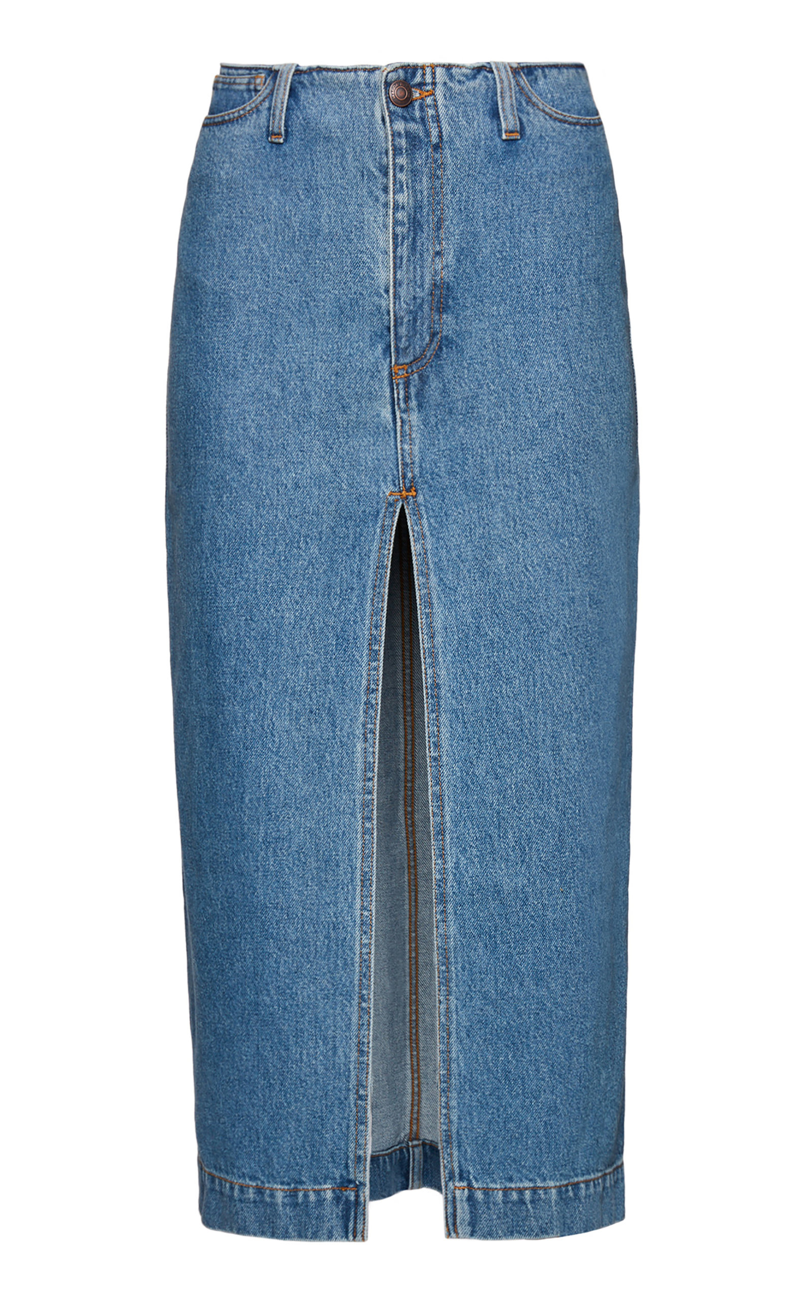 Magda Butrym High Rise Cotton Denim Long Skirt In Medium Wash