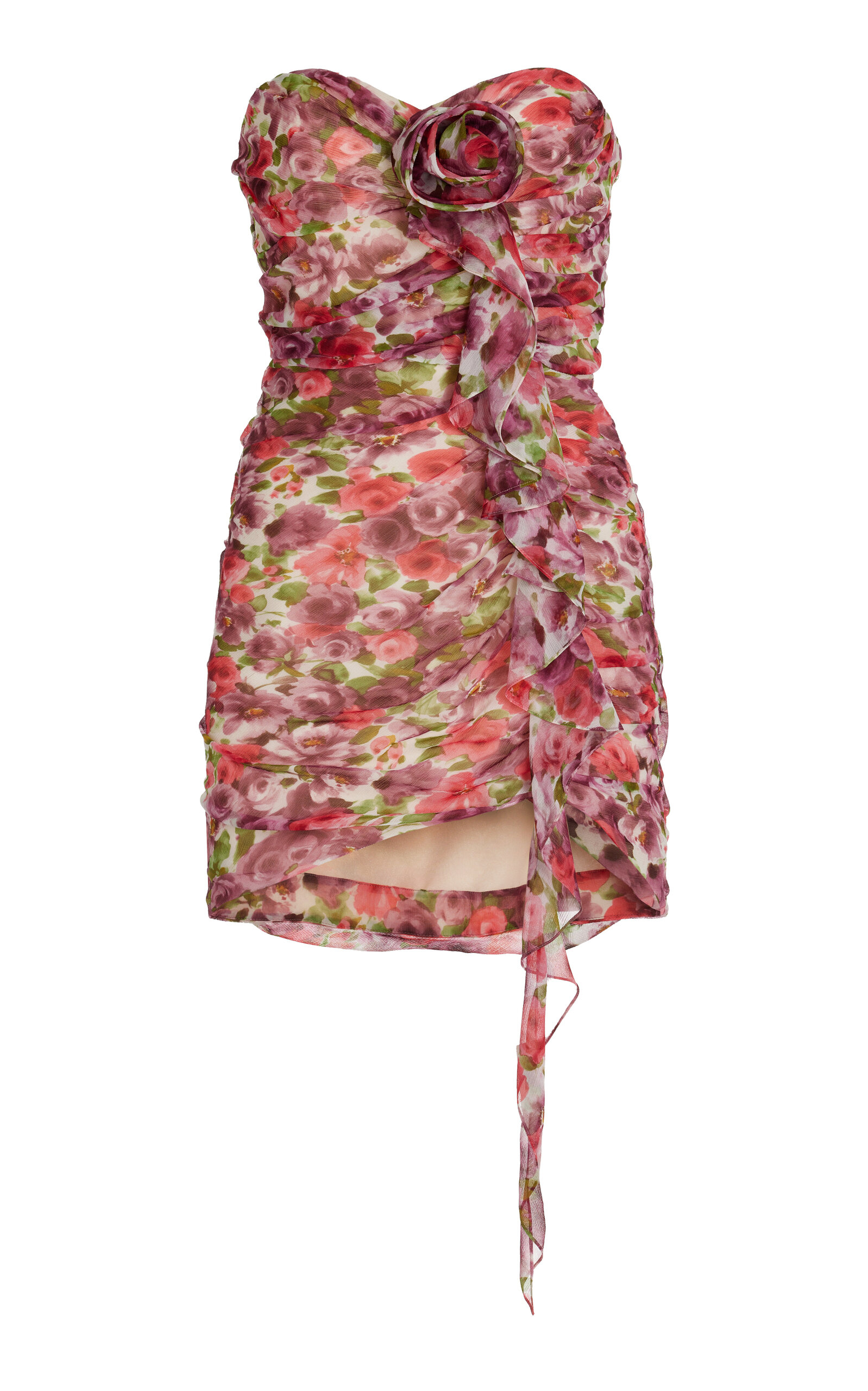 Alessandra Rich Strapless Gathered Appliquéd Floral-print Silk-georgette Mini Dress In Pink