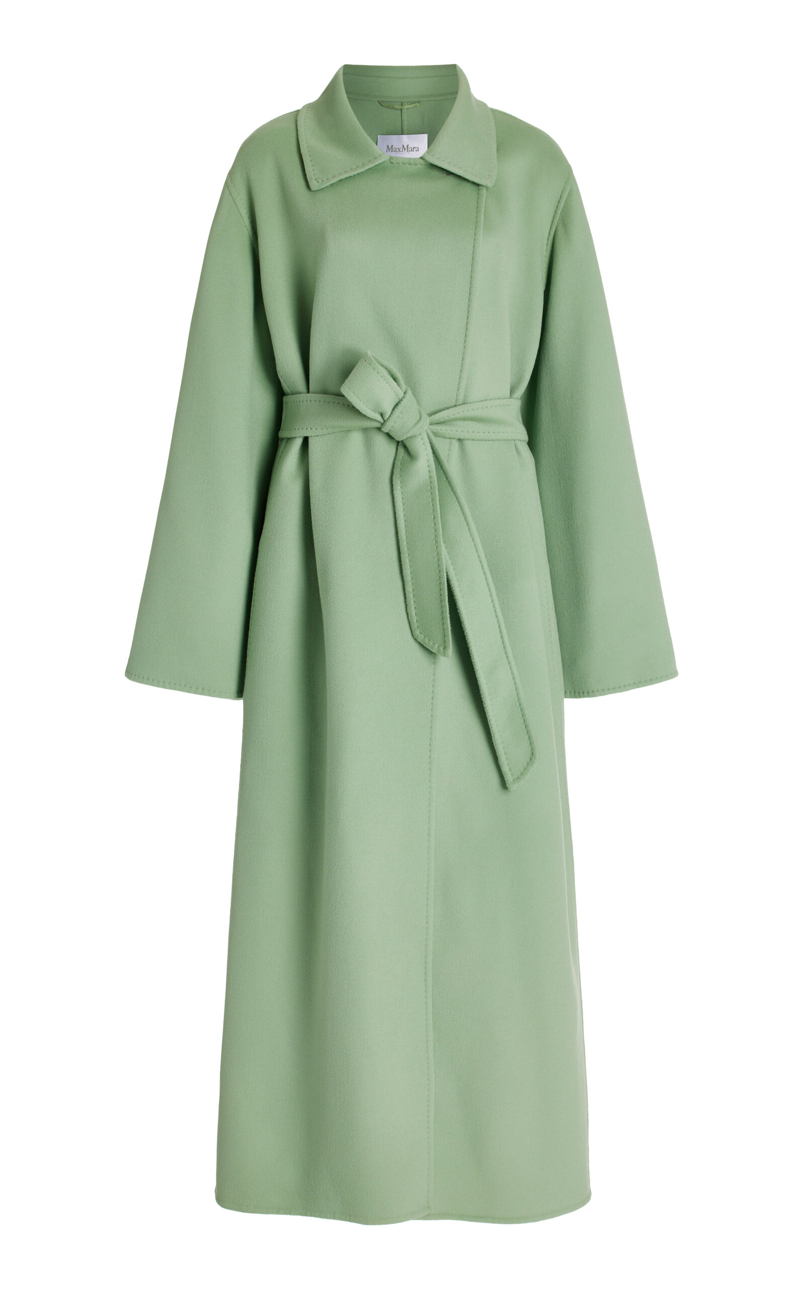 Max Mara Light Green Hans Long Coat With Belt In Wool Blend Woman In Green