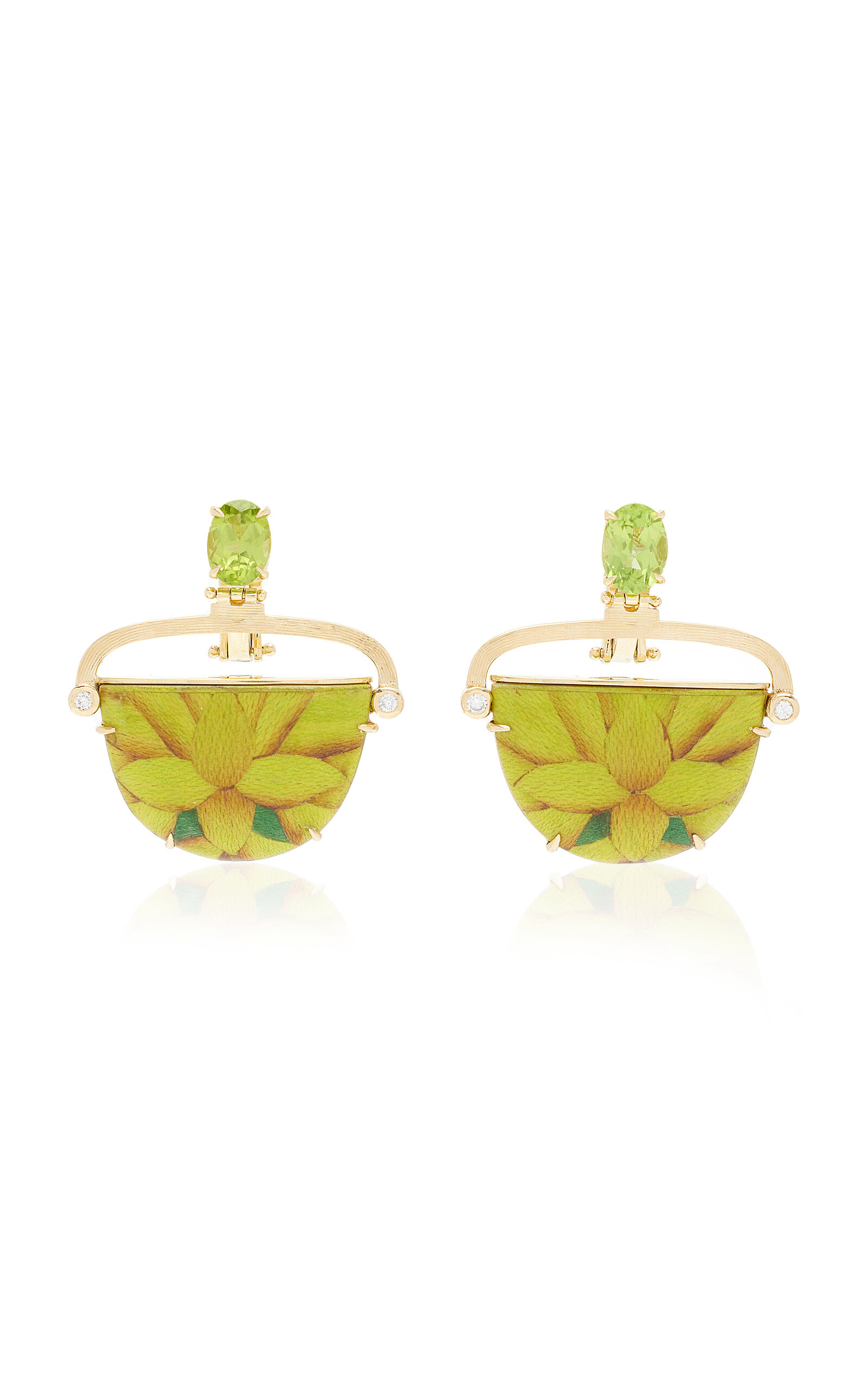 Marquetry 18K Yellow Gold; Diamond; And Peridot Earrings