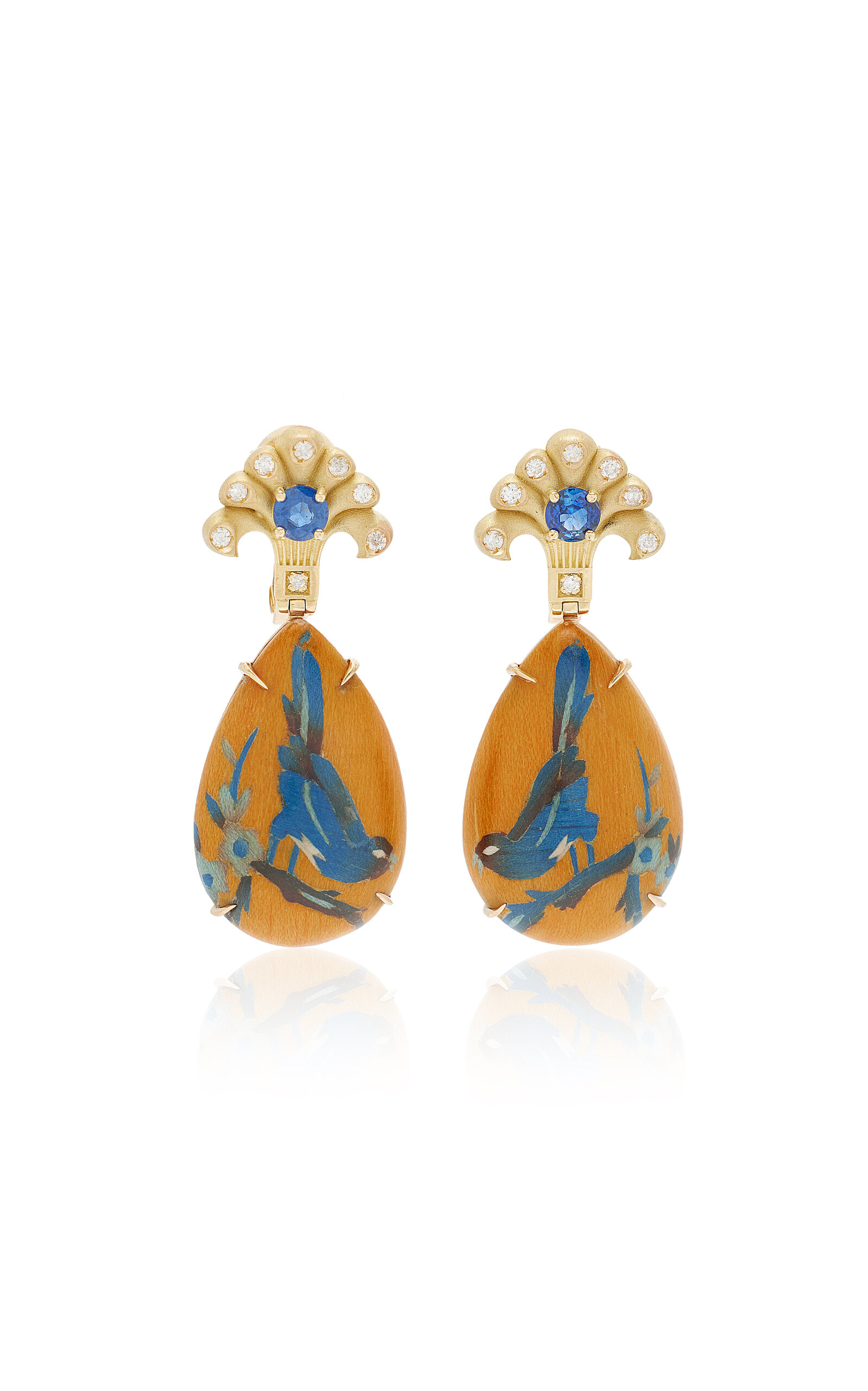 Marquetry 18K Yellow Gold; Diamond; And Blue Sapphire Earrings