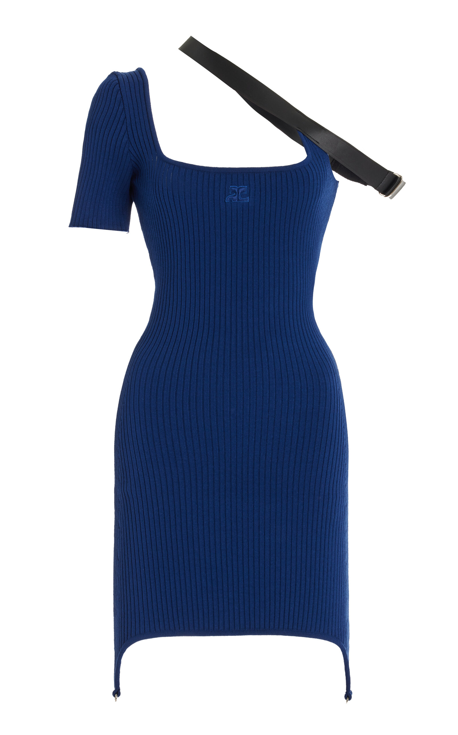 Courrèges Asymmetric Faux Leather-trimmed Embroidered Ribbed-knit Mini Dress In Navy