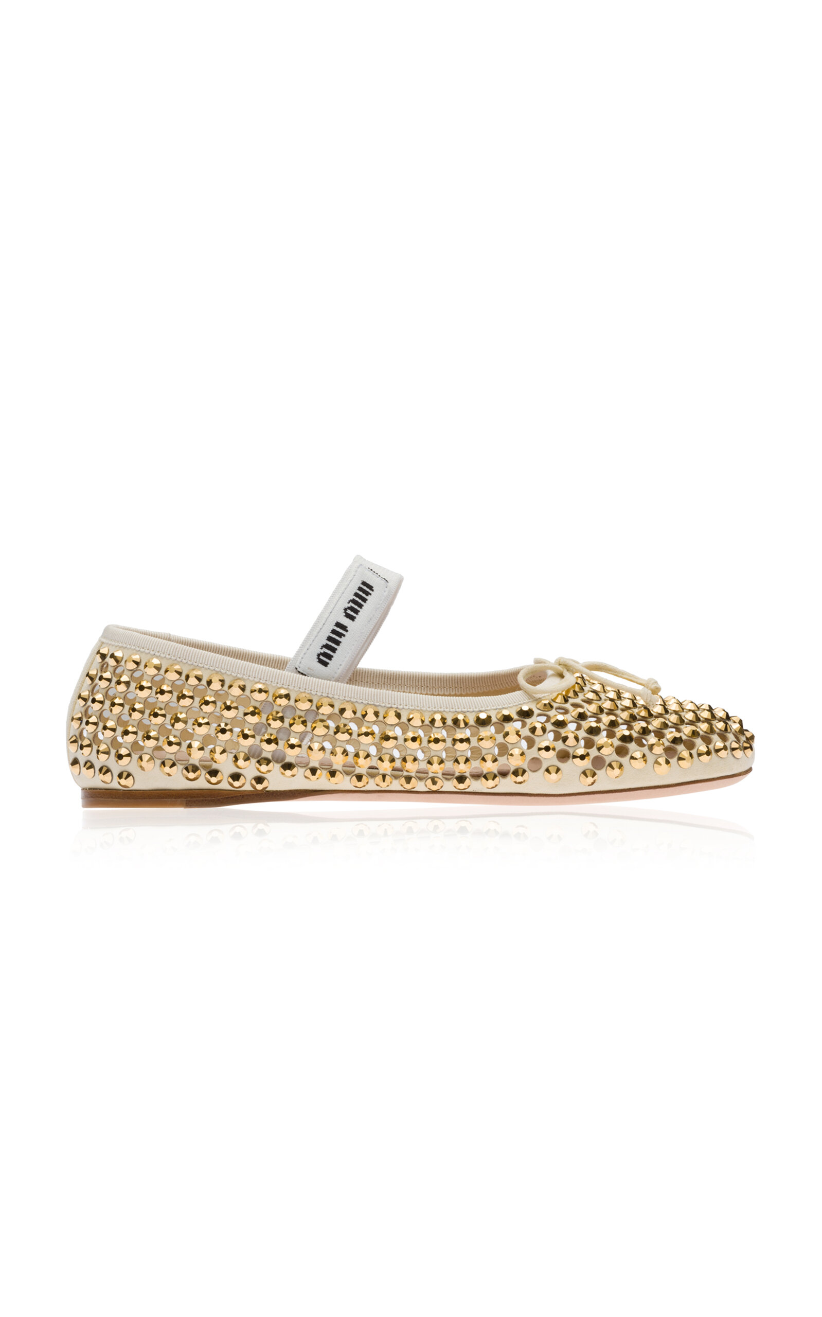 Miu Miu Crystal-embellished Logo Ballerina Shoes In Gold