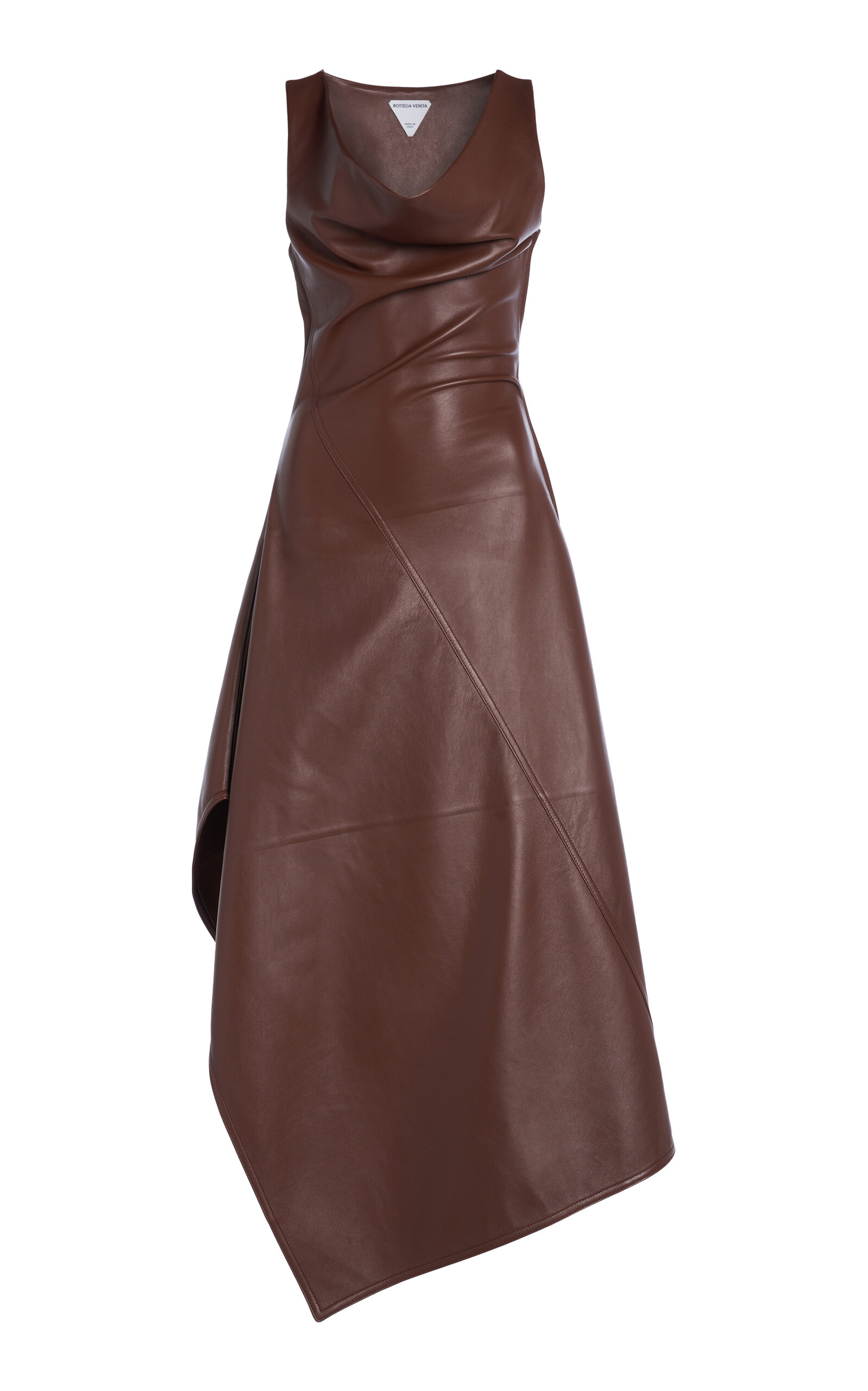 Bottega Veneta Asymmetric Draped Leather Midi Dress In Brown