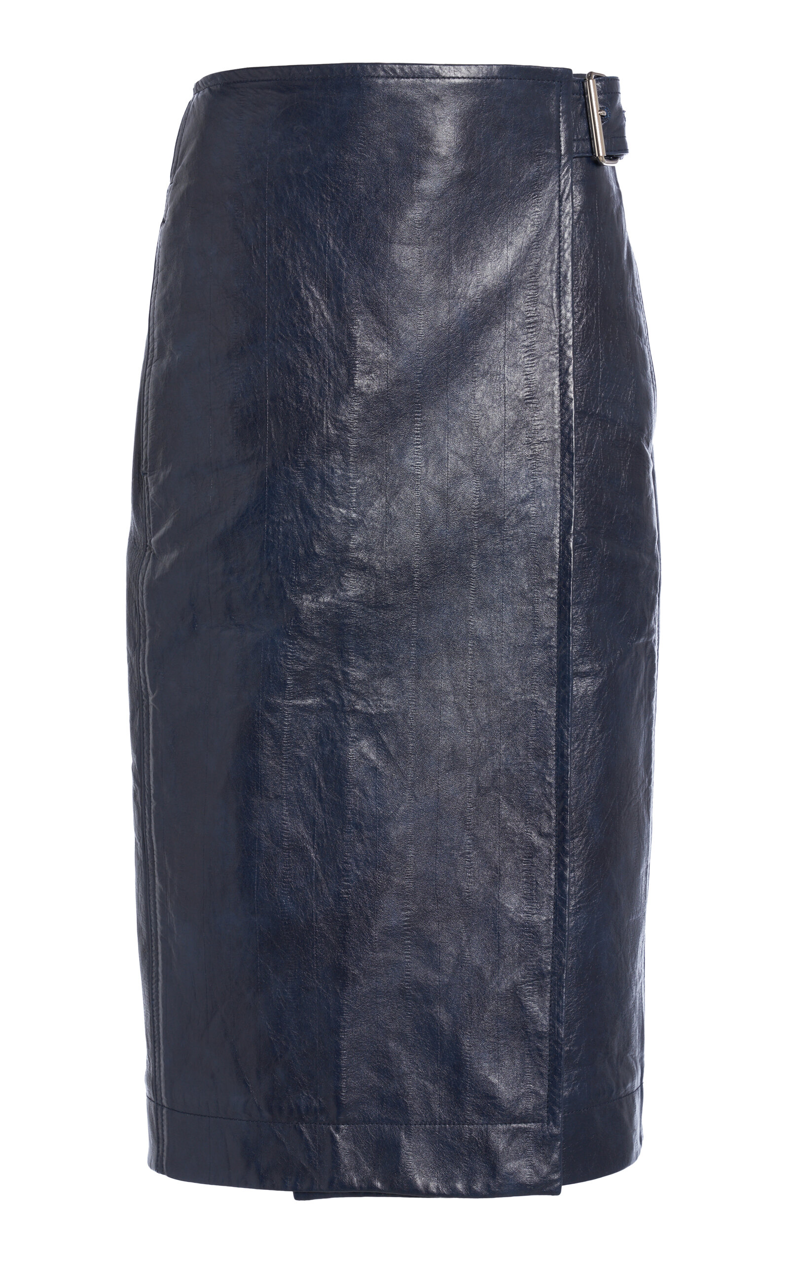 Shop Bottega Veneta Belted Embossed-leather Midi Pencil Skirt In Navy
