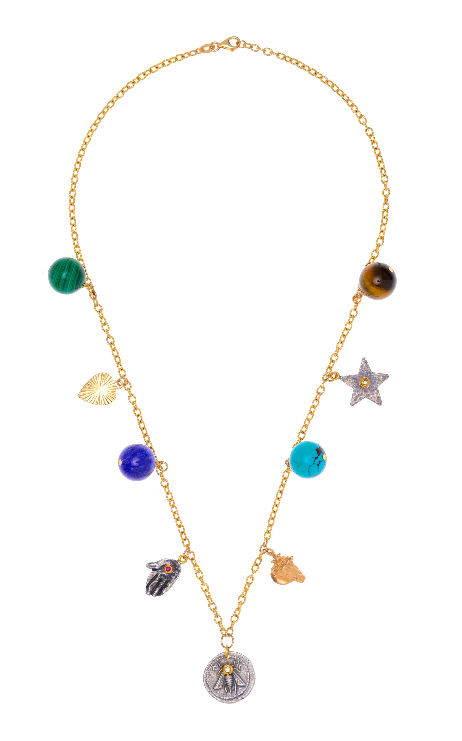 Haute Victoire 24k Yellow Gold Medallion Charm Multi-stone Necklace