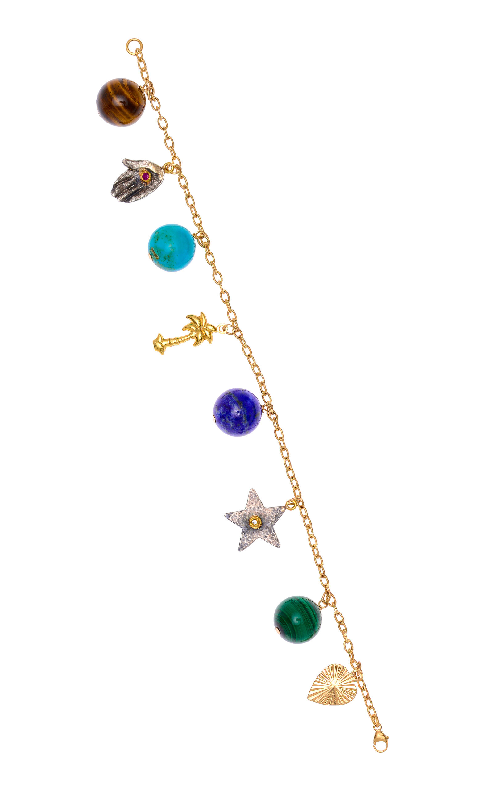 14K Yellow Gold and Sterling Silver Multi-Stone Charm Bracelet
