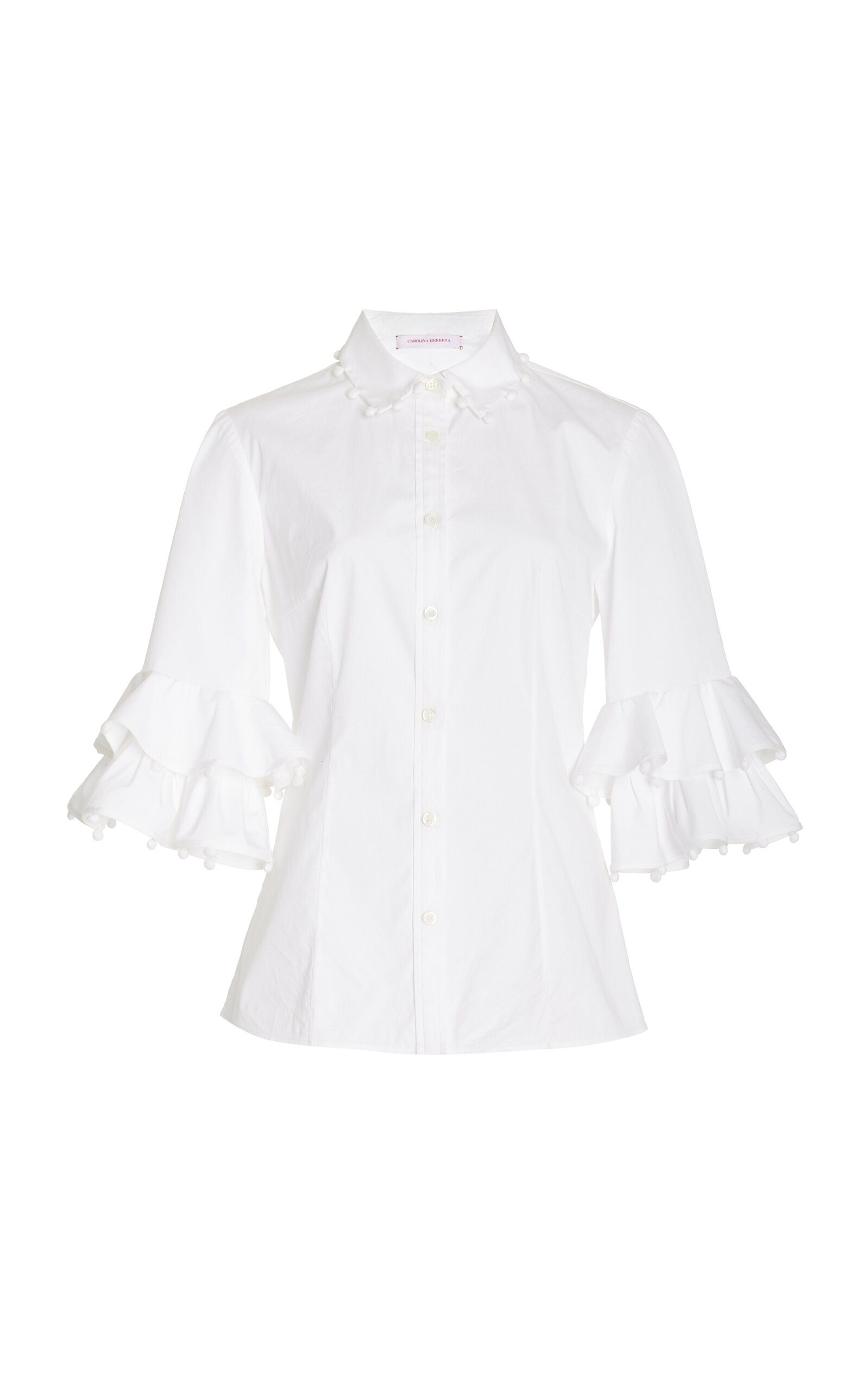 Carolina Herrera - Embroidered Ruffled Stretch-Cotton Blouse - White - US 2 - Moda Operandi