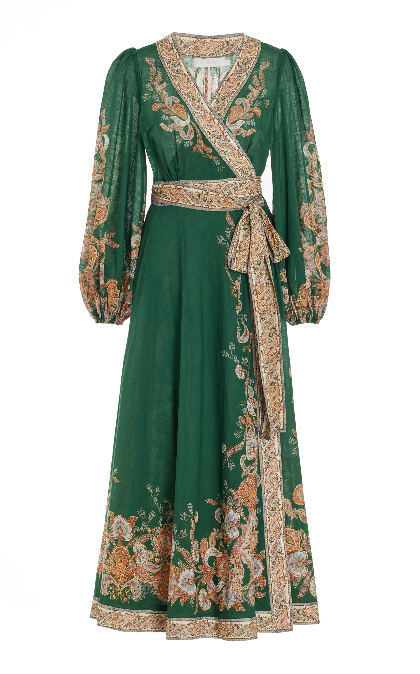 Zimmermann Devi Belted Paisley-print Cotton-voile Midi Wrap Dress In Emerald Paisley