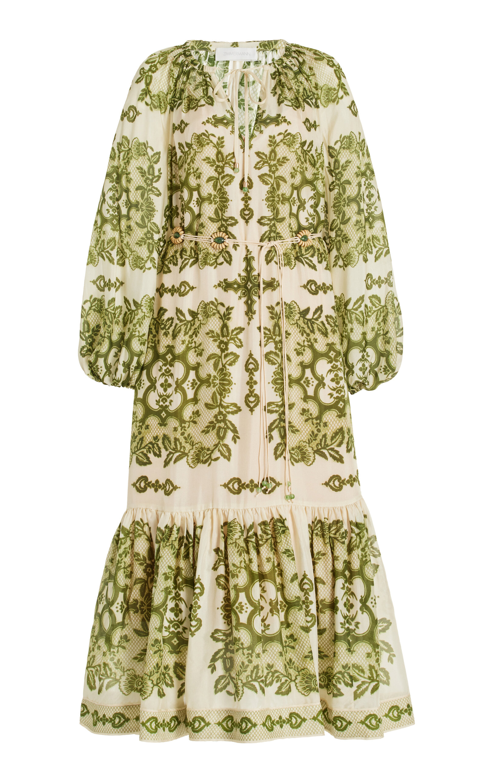 Zimmermann Raie Tiered Printed Silk Midi Dress In Green