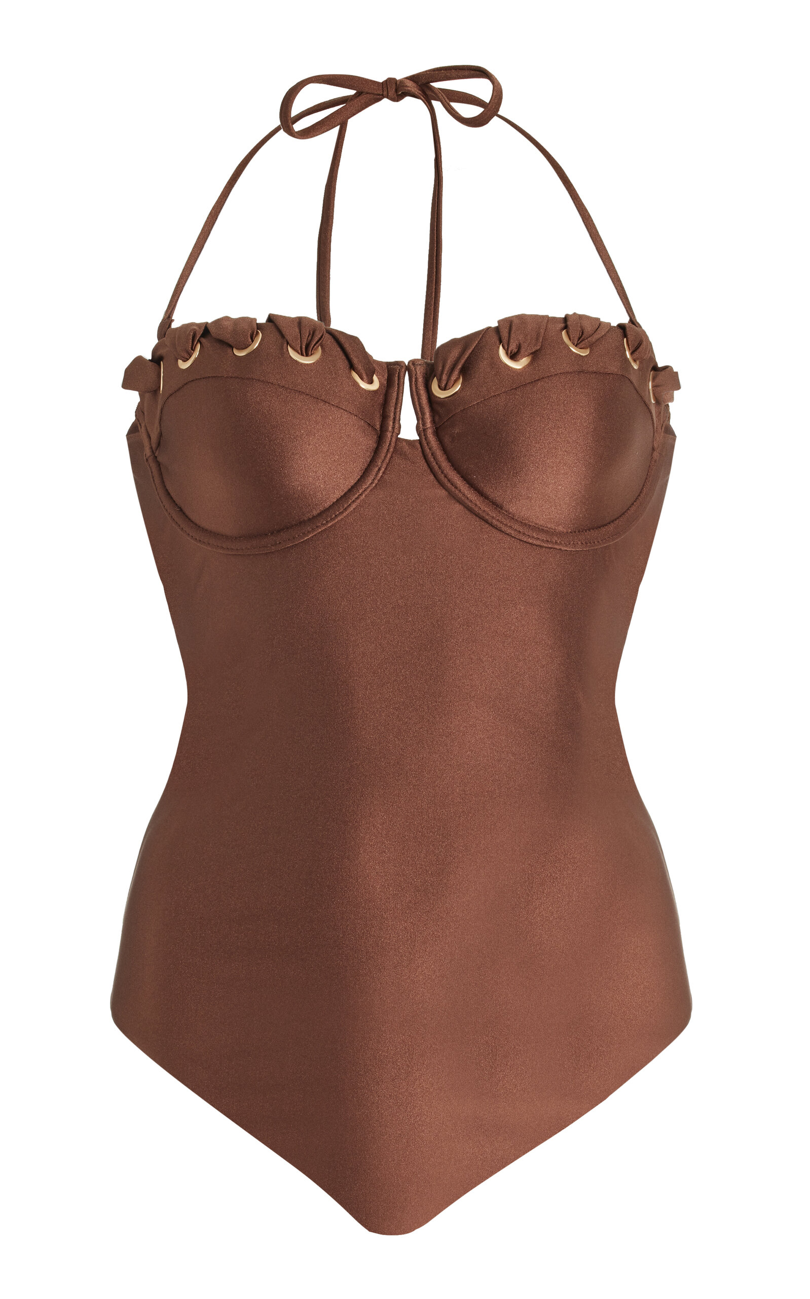 Shop Zimmermann Devi Eyelette Balconette One-piece Swimsuit In Brown