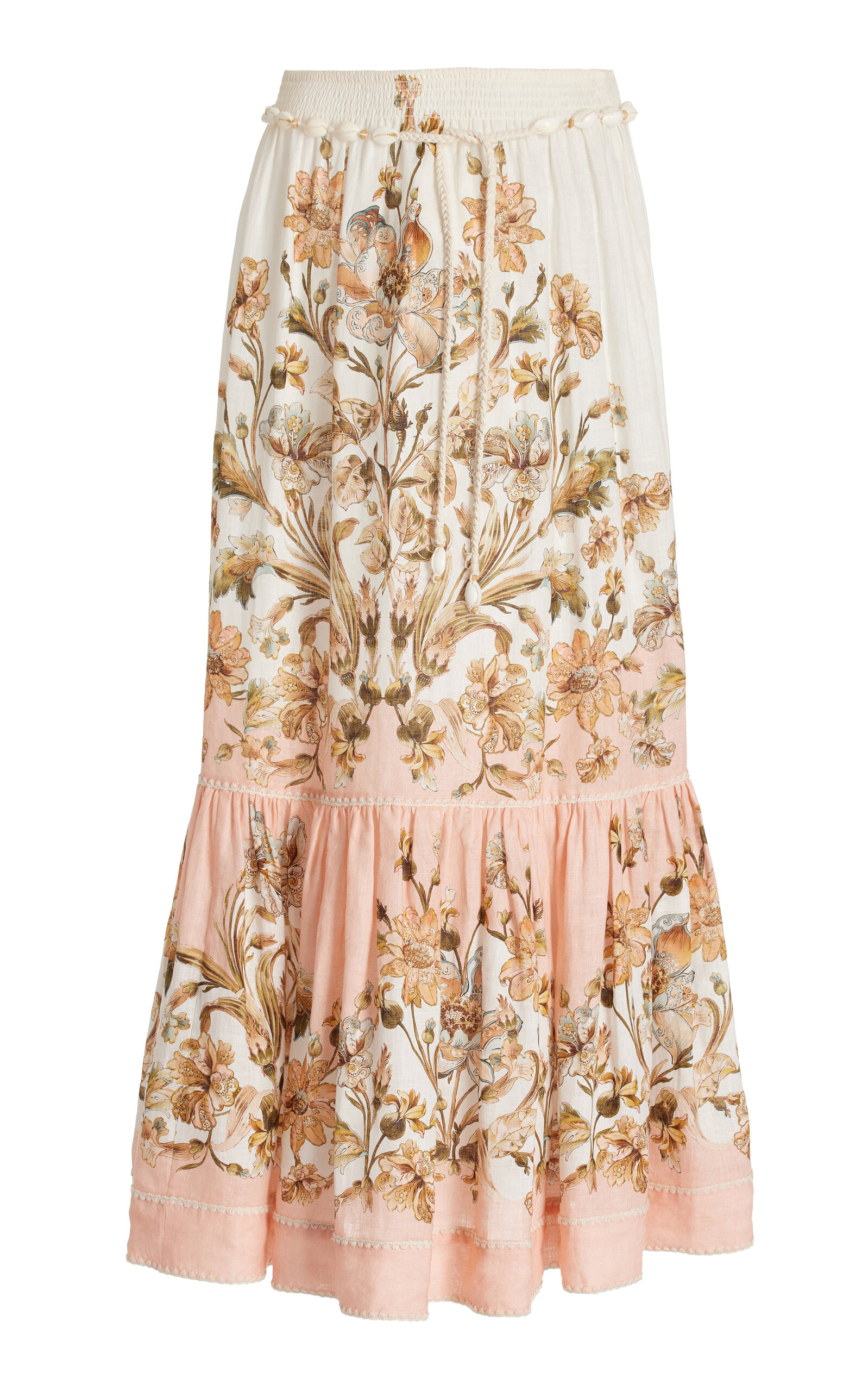 Zimmermann Chintz Belted Tiered Floral-print Linen Midi Skirt In Floral