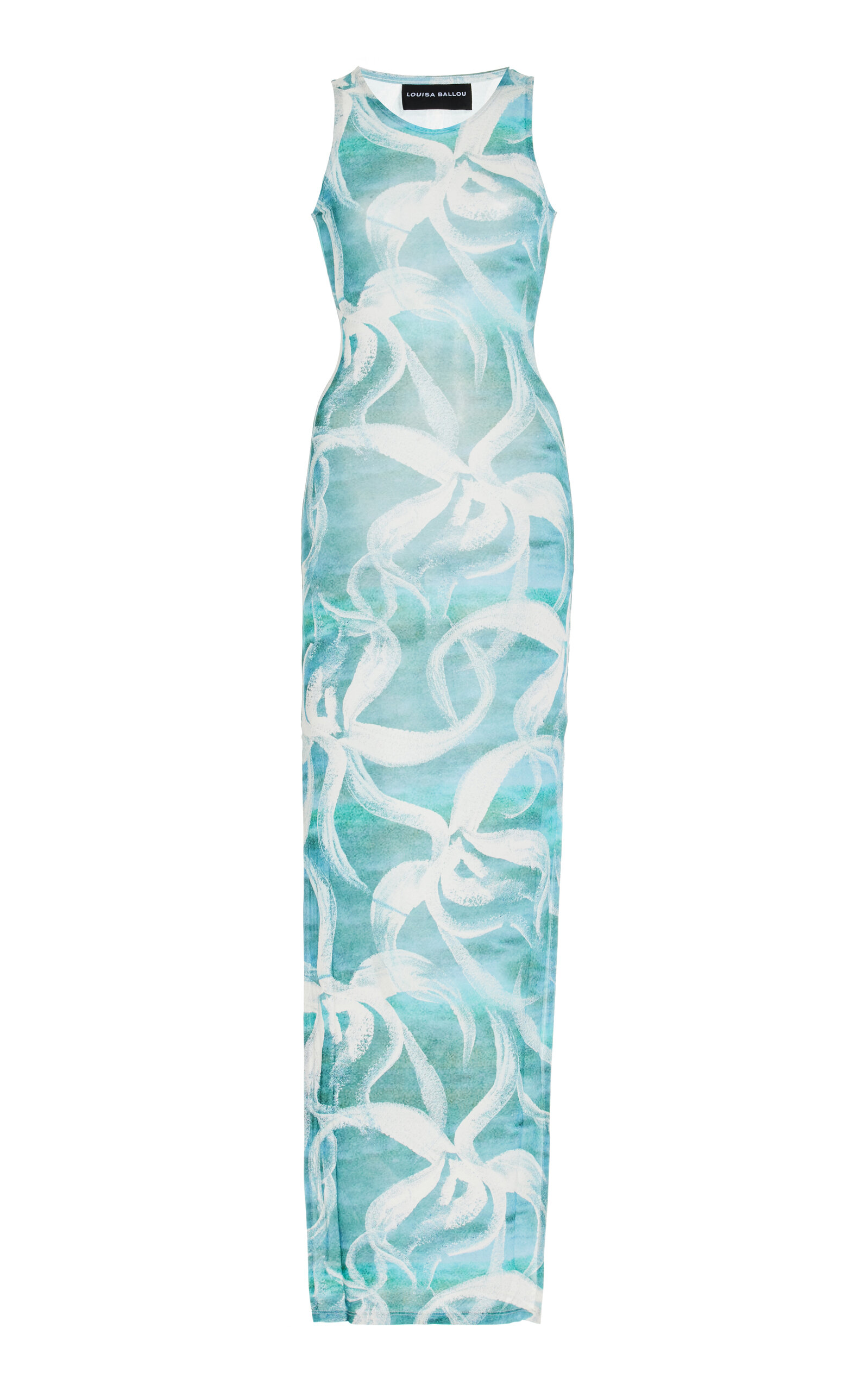 Louisa Ballou Sea Breeze Printed Mesh Maxi Dress In Blue With White Flowers
