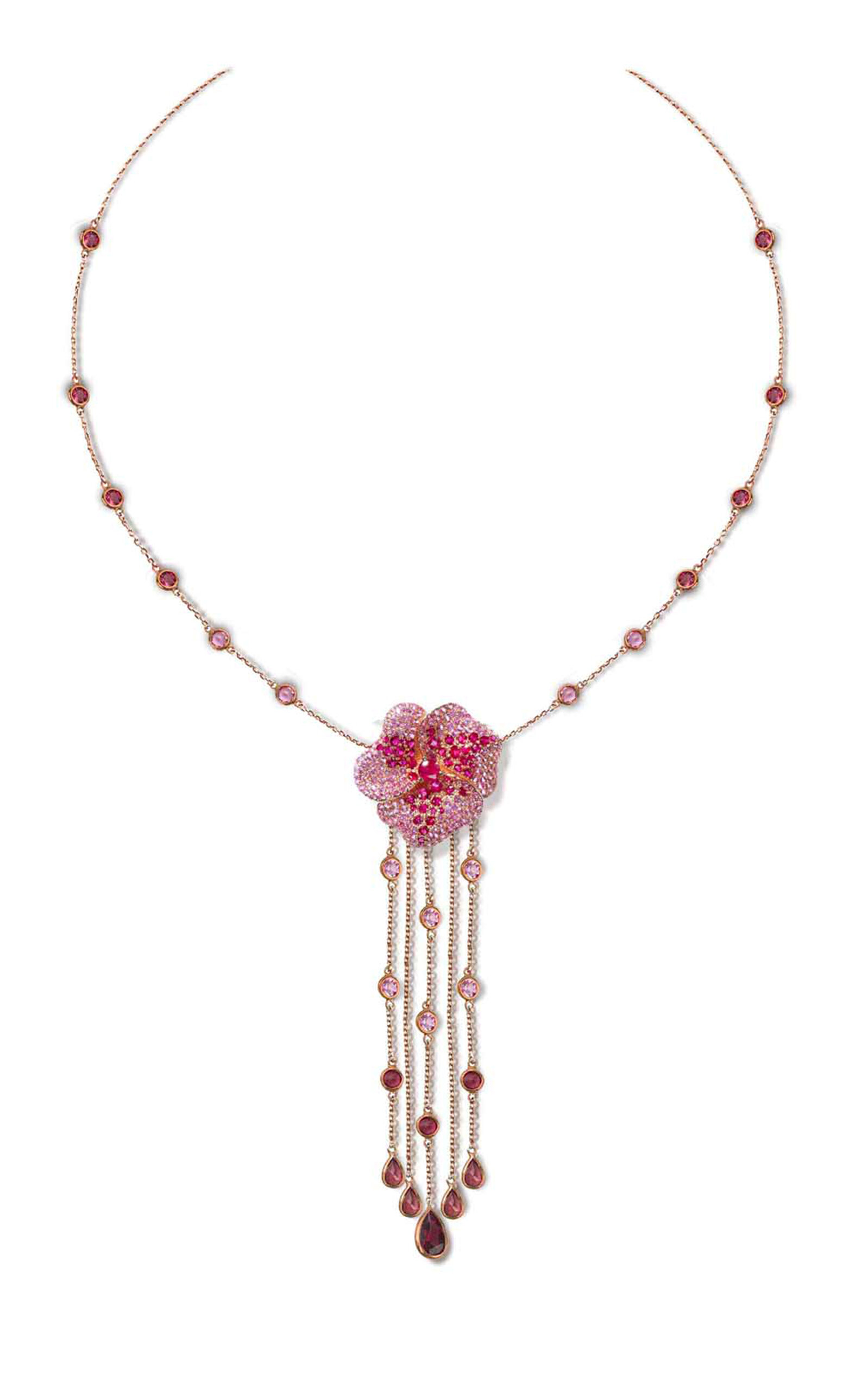 As29 One Of A Kind Bloom 18k Rose Gold; Sapphire And Rhodorite Necklace In Pink