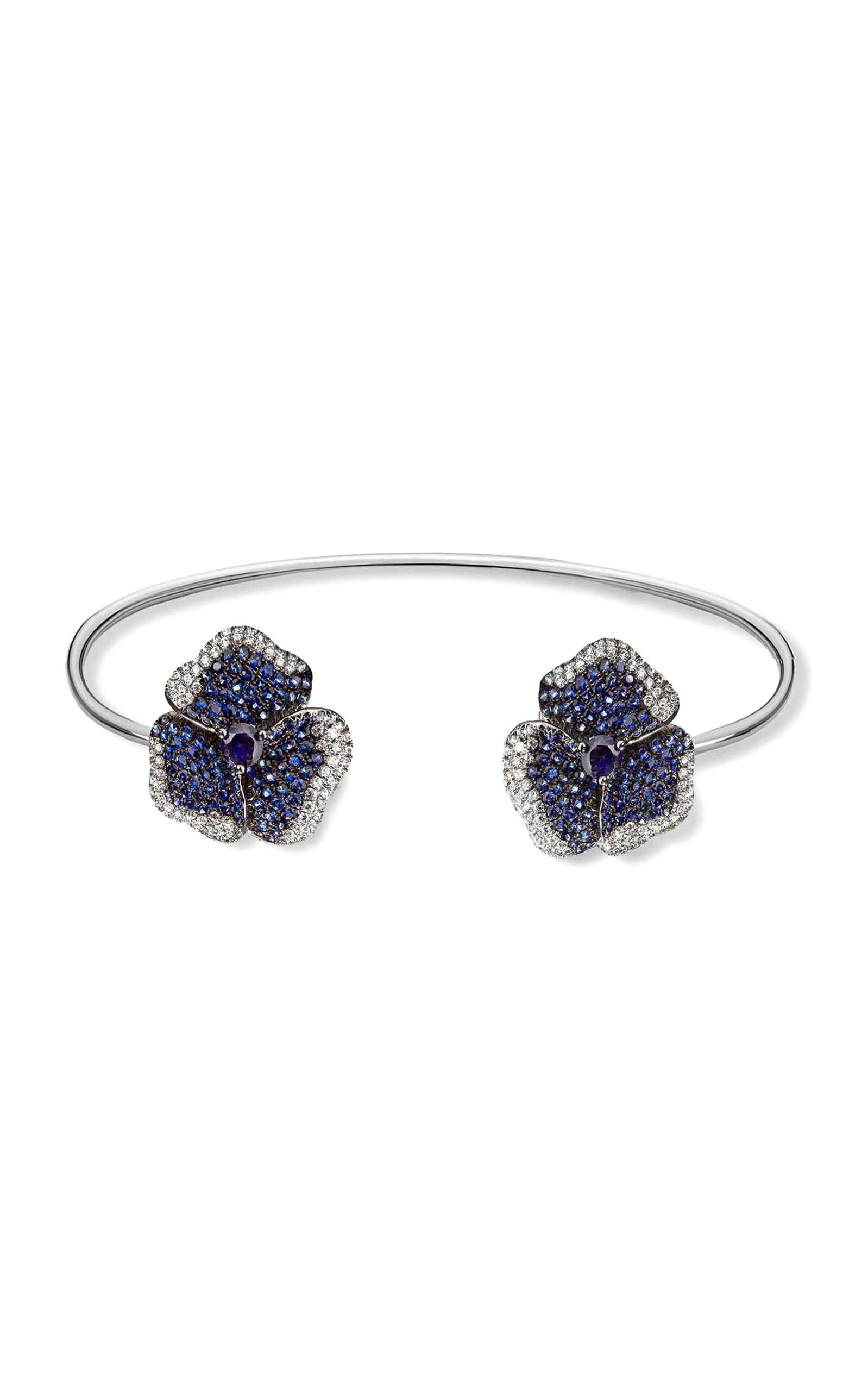 As29 One Of A Kind Bloom 18k White Gold; Diamond; And Sapphire Bangle In Blue