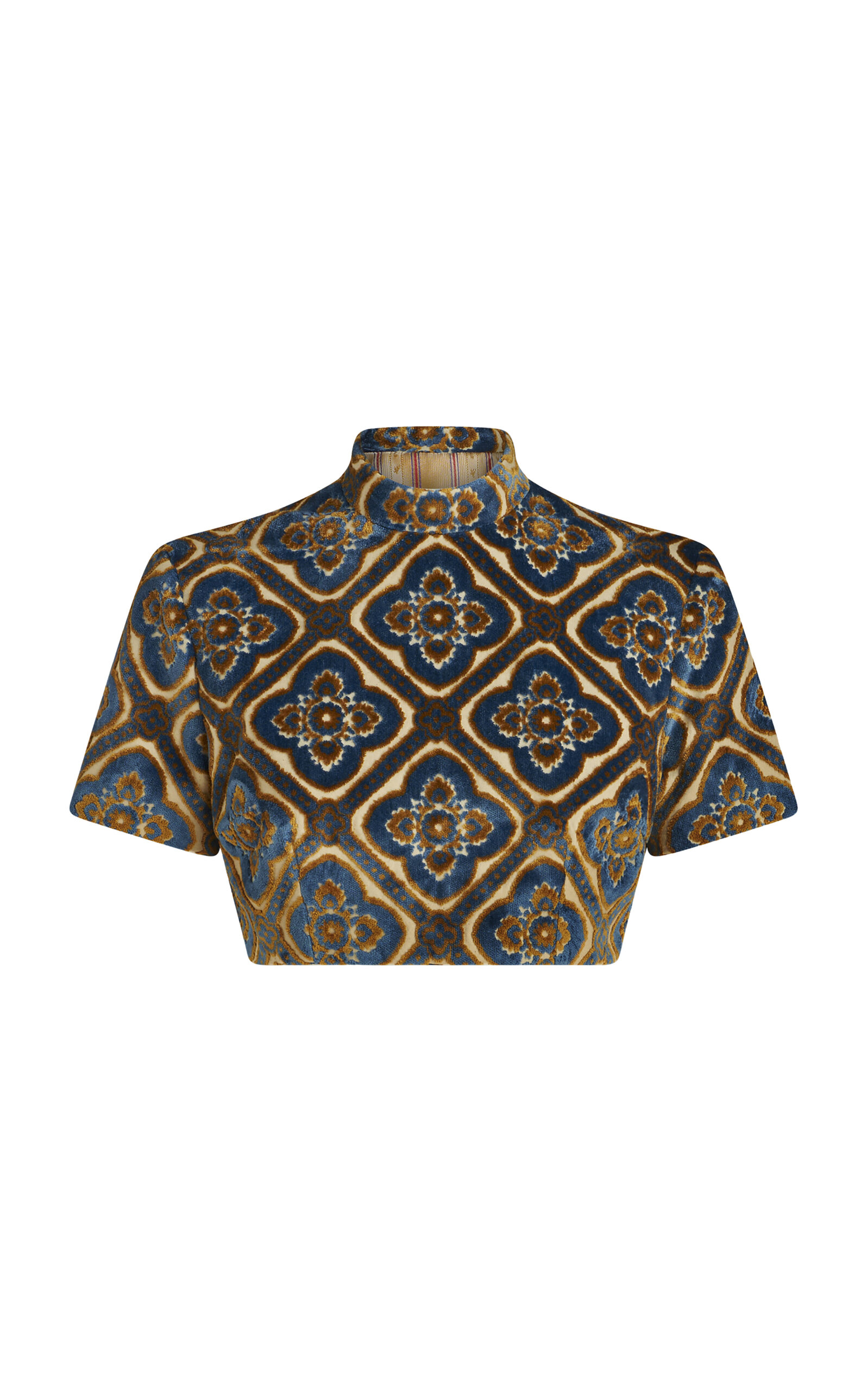 Etro Abstract-print Velvet Crop Top In Navy