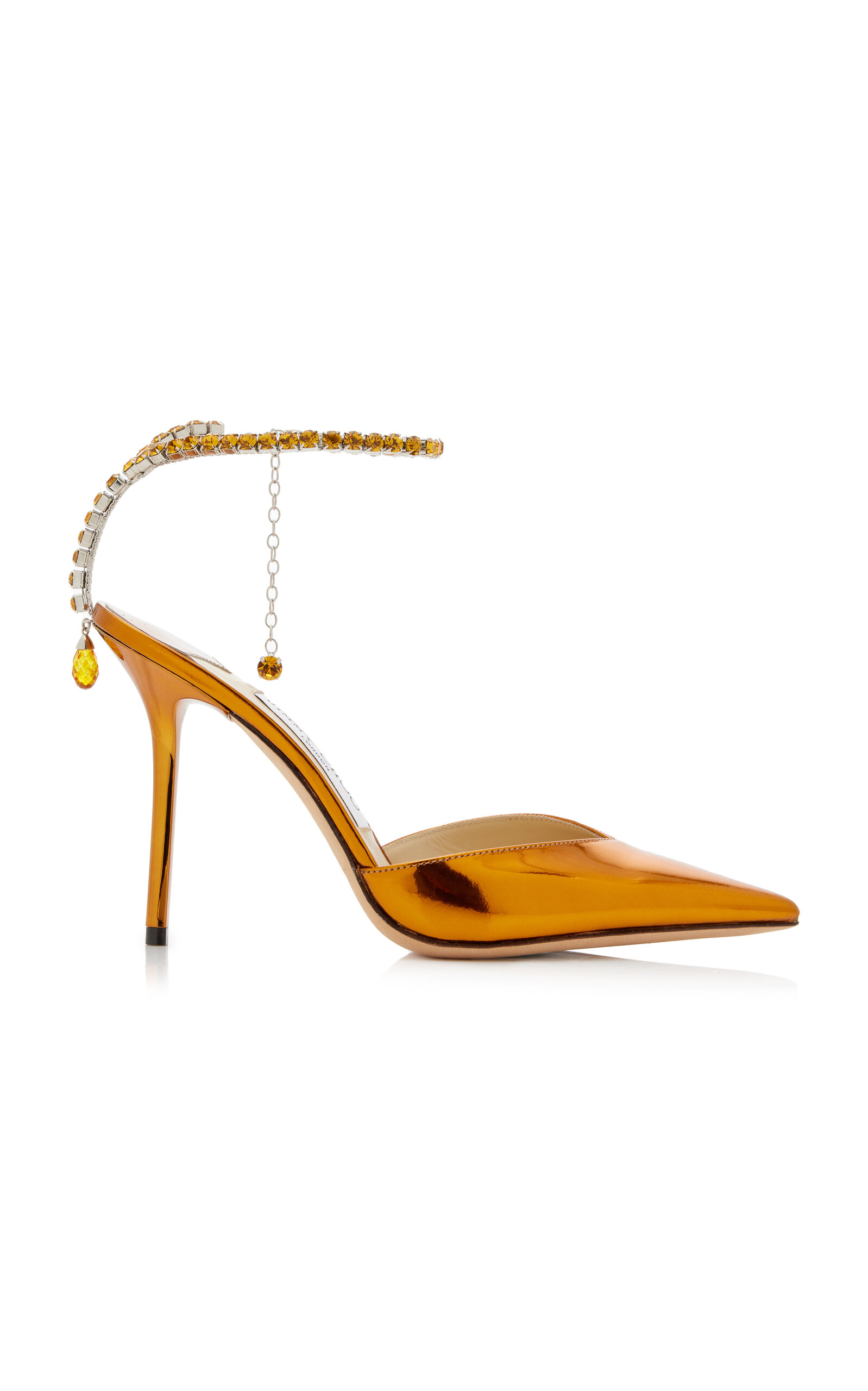Jimmy Choo Saeda Crystal-embellished Metallic Leather Pumps In Orange