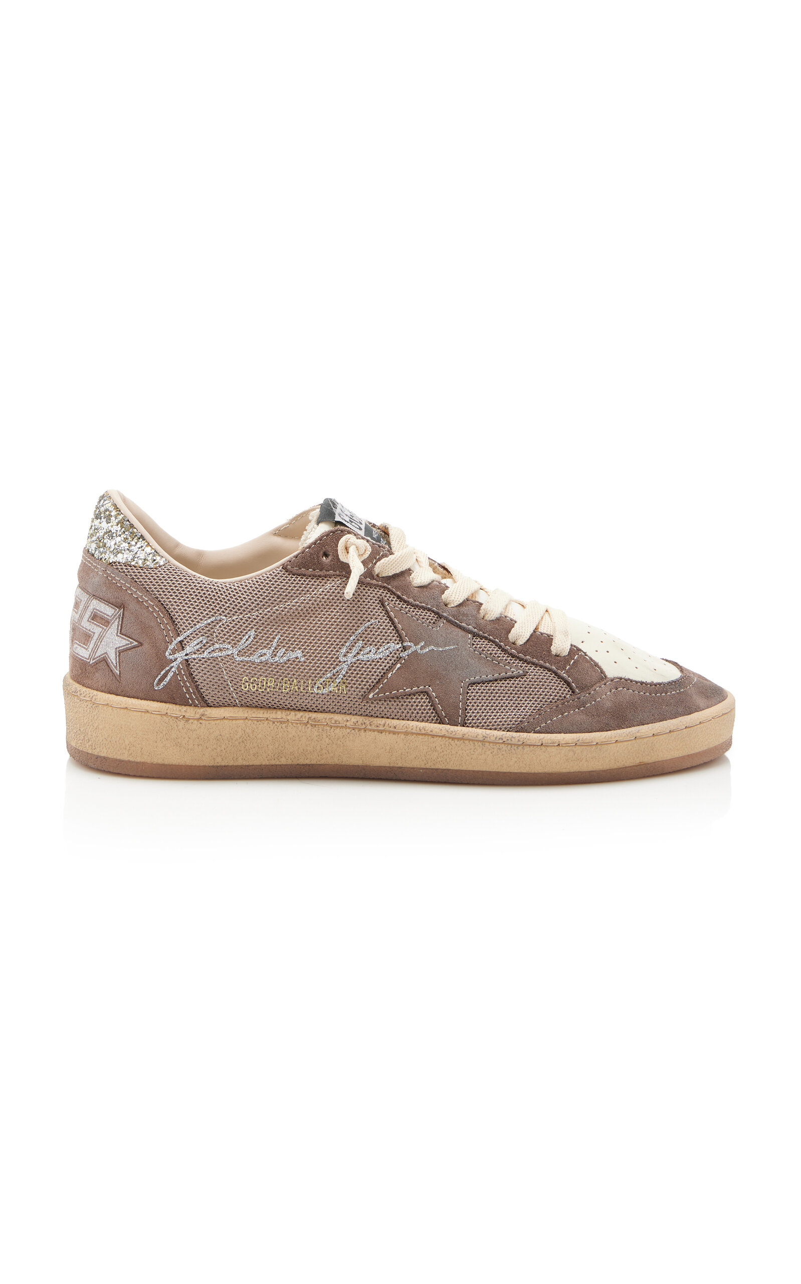 Golden Goose Ballstar Glittered Leather-trimmed Mesh Sneakers In Brown