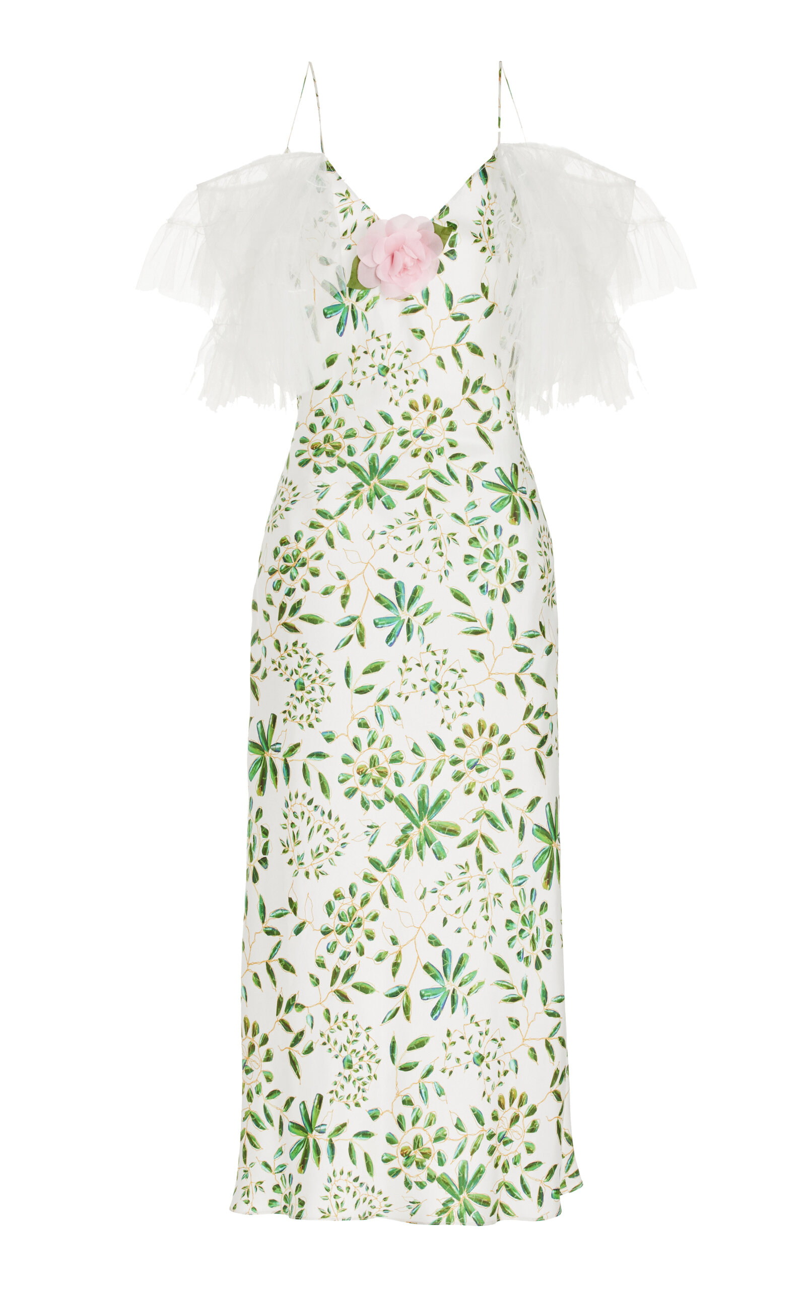 Rodarte Cold-shoulder Tulle-trimmed Floral-print Silk-twill Midi Dress In Green