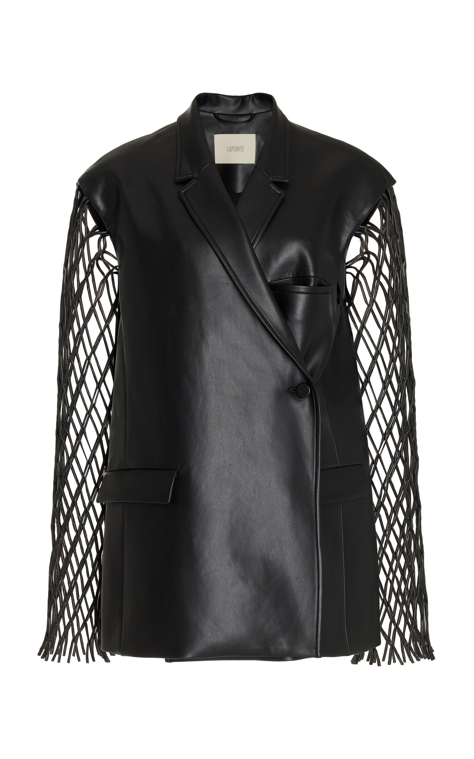 Faux-Leather Mesh Wrap Blazer