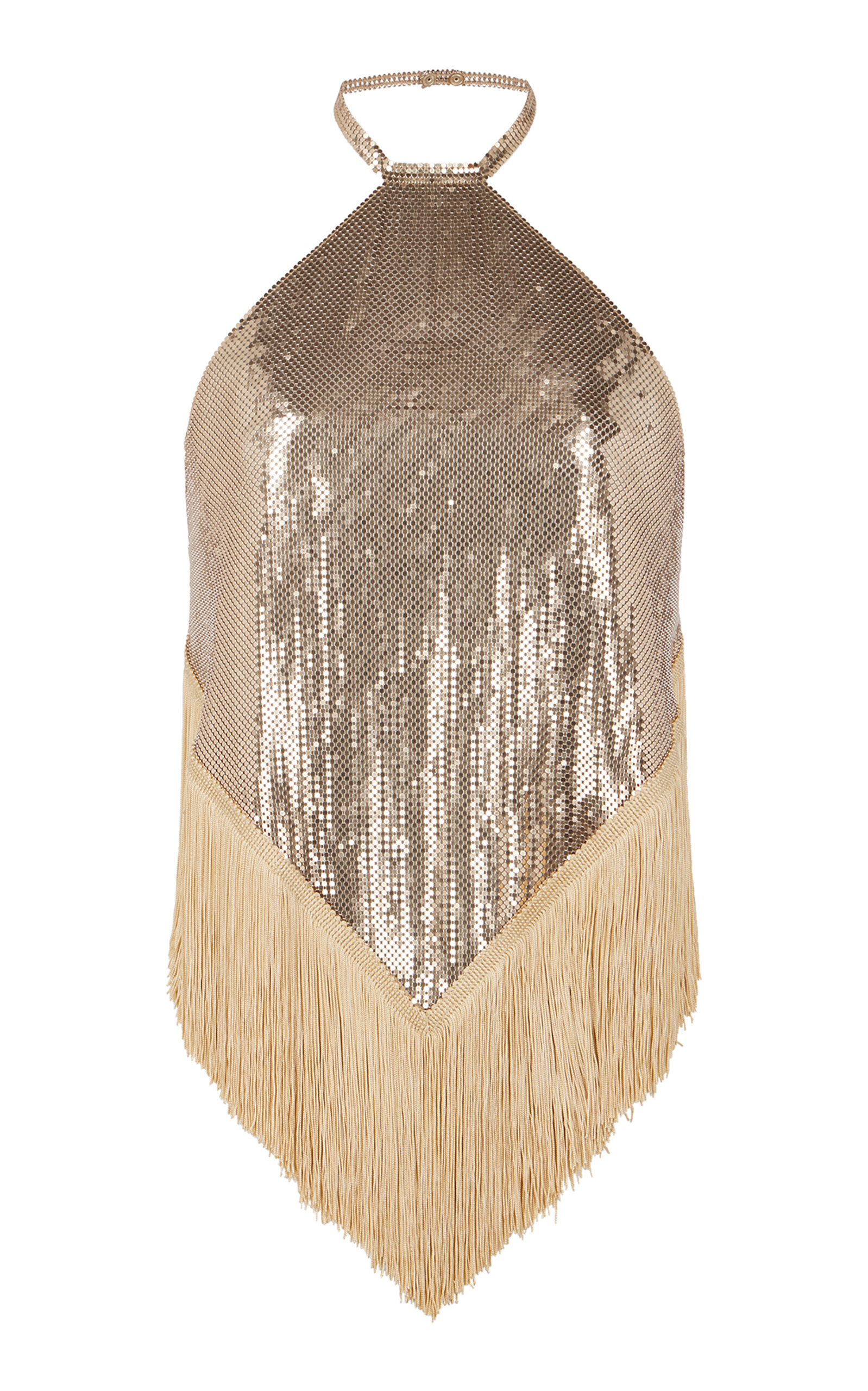 Paco Rabanne - Fringe-Trimmed Sequined Halter Top - Gold - FR 38 - Moda Operandi