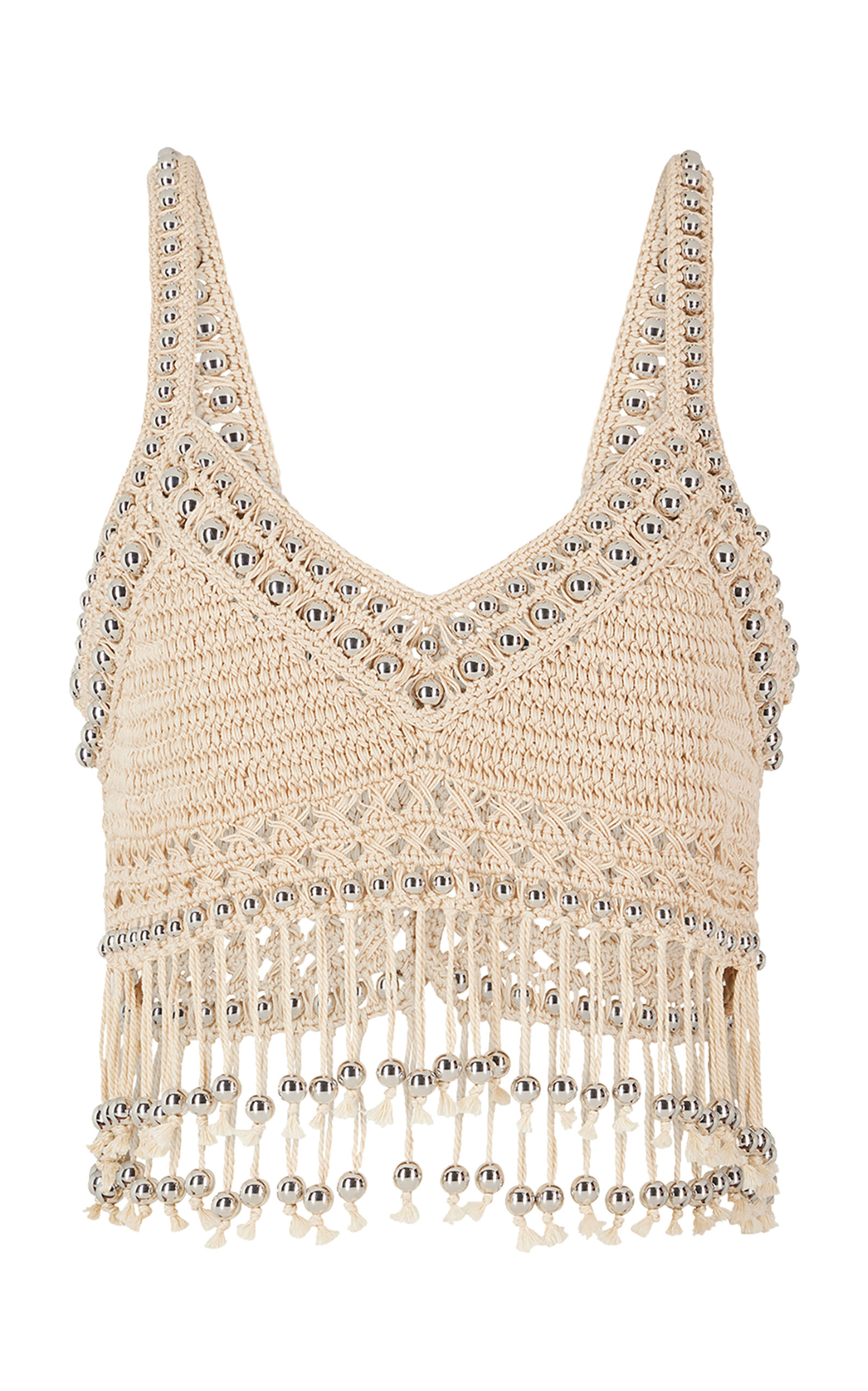 Rabanne Fringe-detailed Crochet Cotton Cropped Top In Neutral