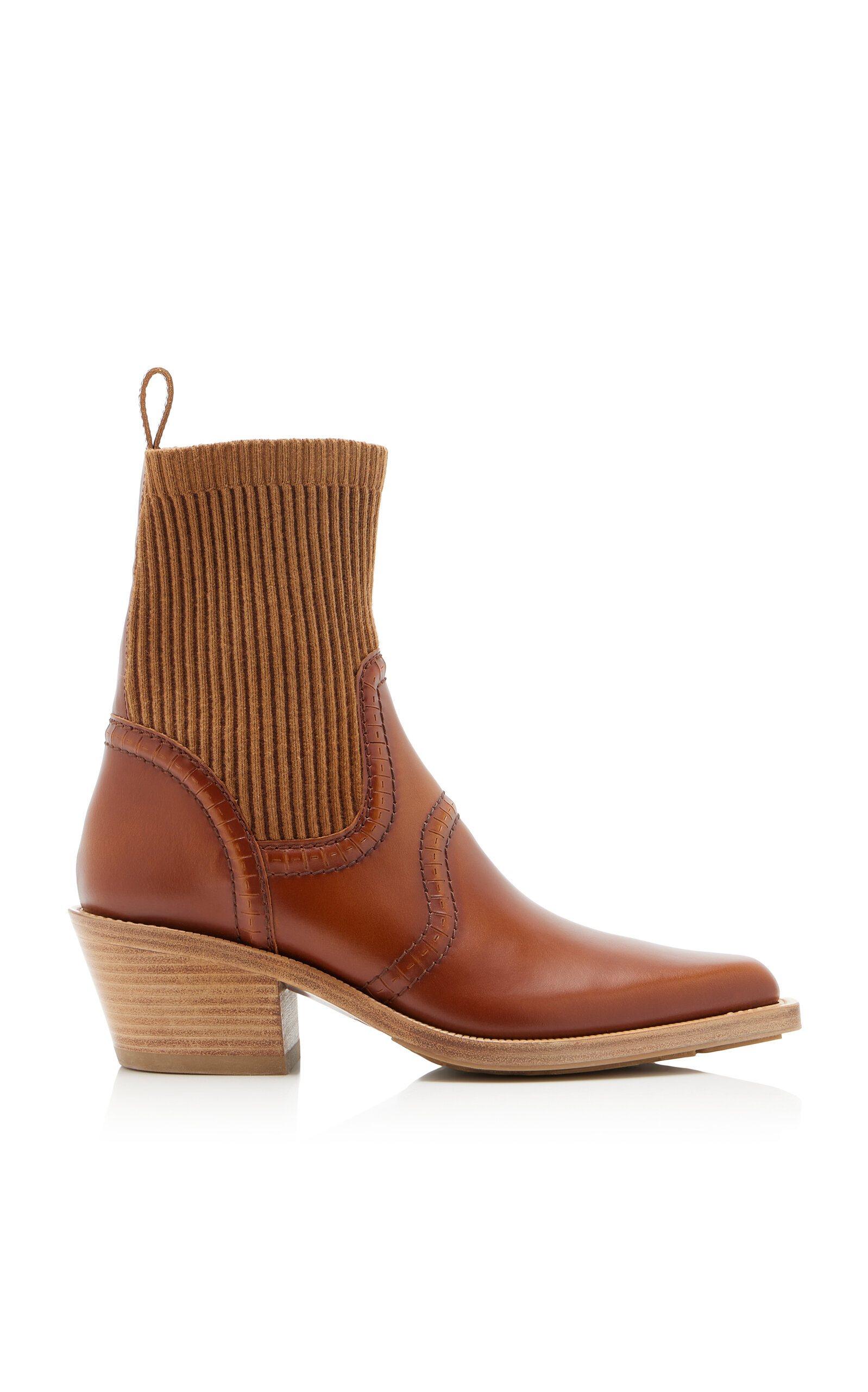 Chloé Nellie Knit-trimmed Leather Ankle Western Boots In Brown