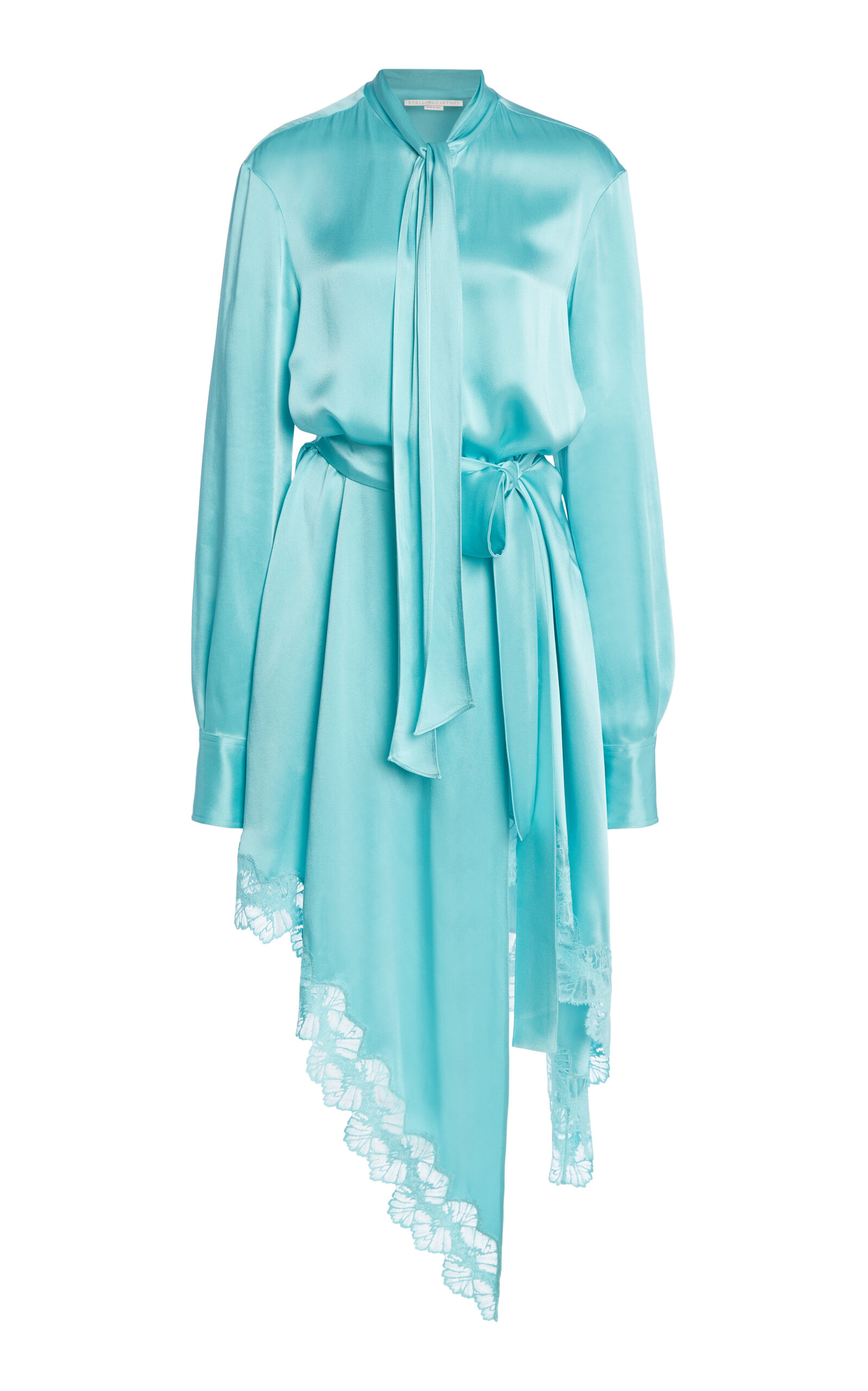 Shop Stella Mccartney Lace-trimmed Satin Mini Shirt Dress In Blue