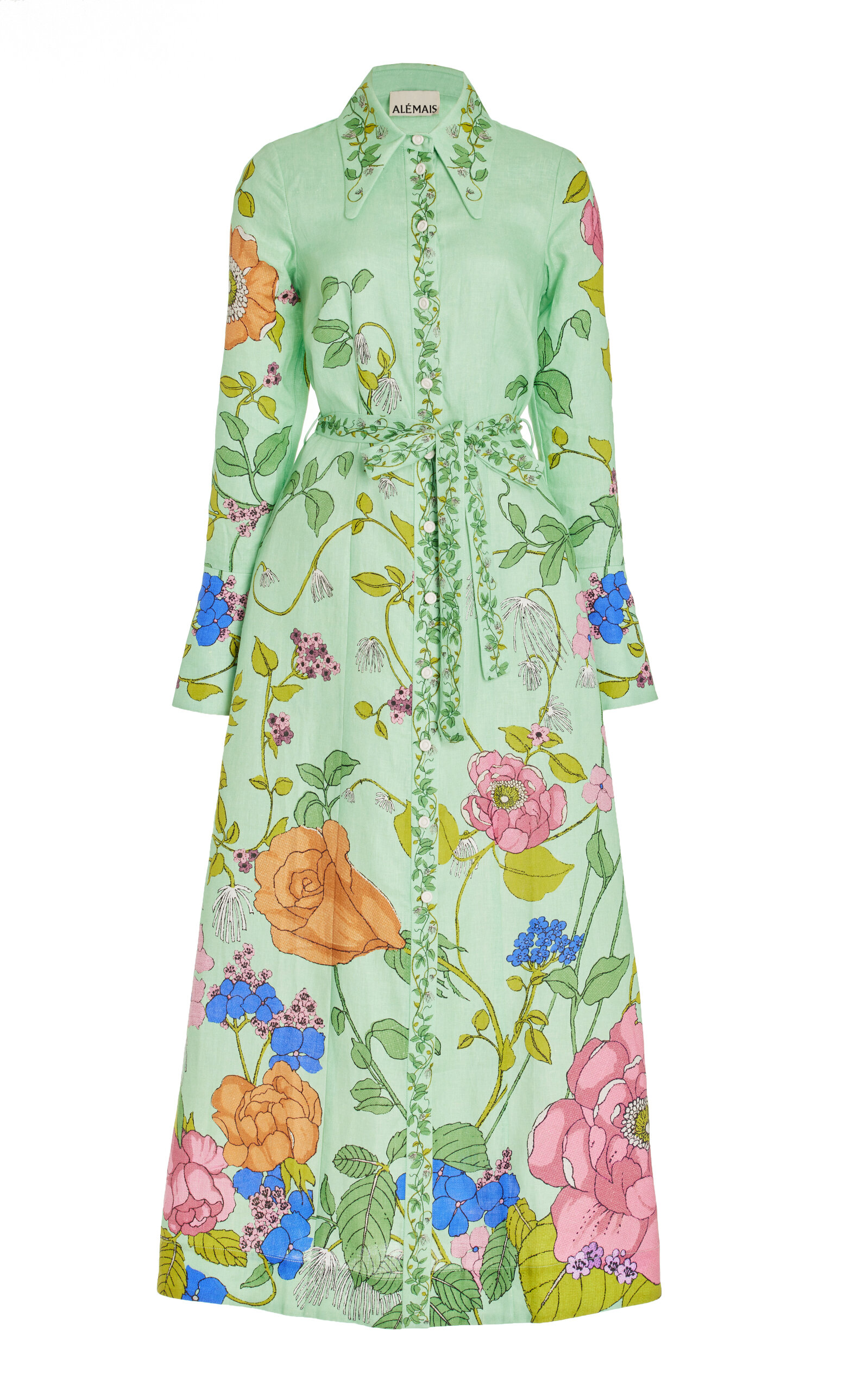 Alemais Olivia Floral Linen Maxi Shirt Dress In Green | ModeSens