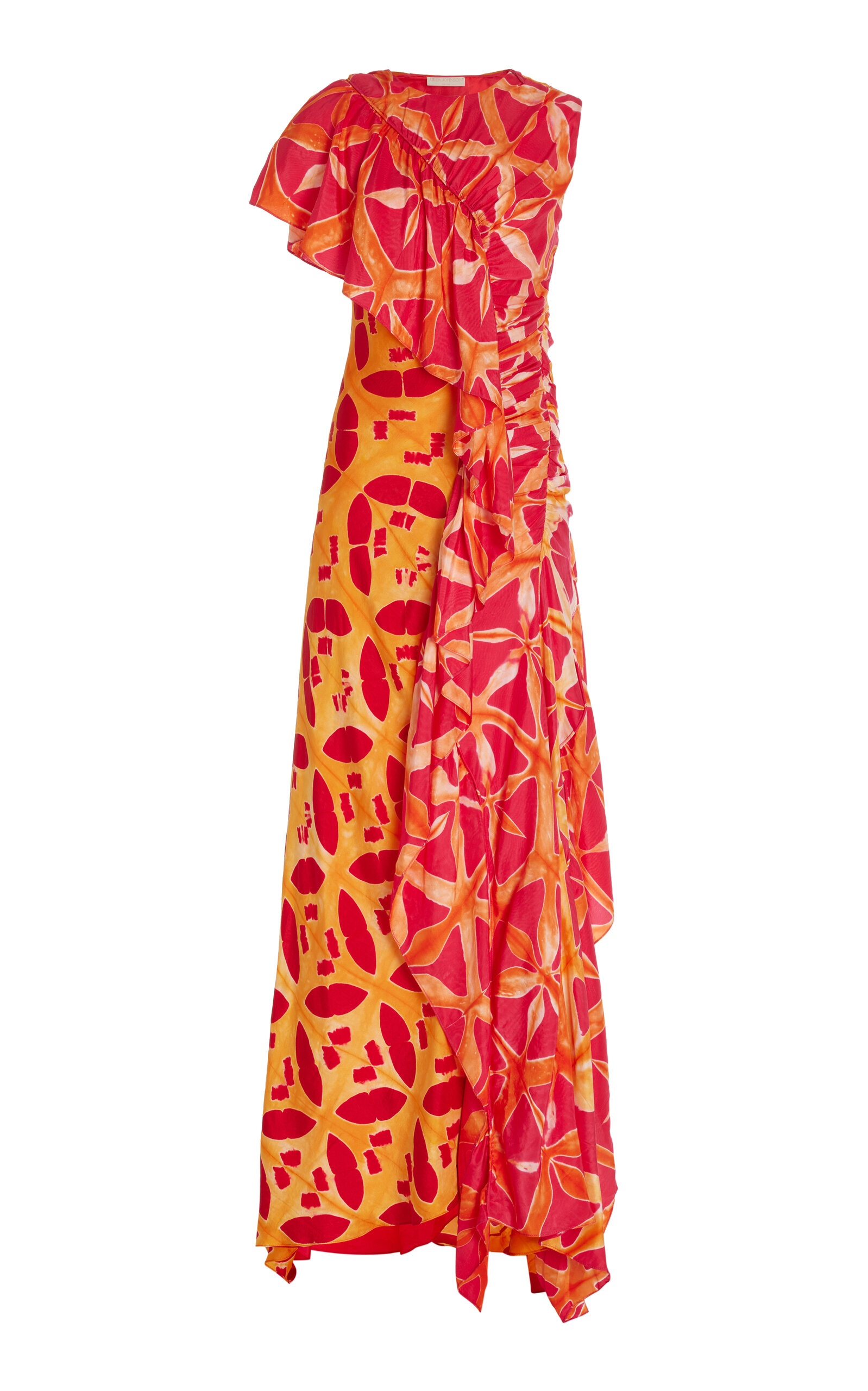 Ulla Johnson Lali One-shoulder Long Floral Ruffle Silk Dress In Red