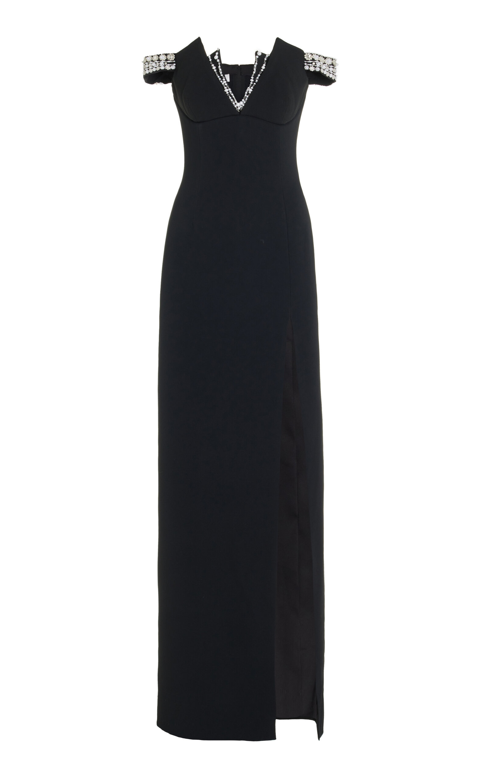 Shop Pamella Roland Crystal-trimmed Crepe Gown In Black
