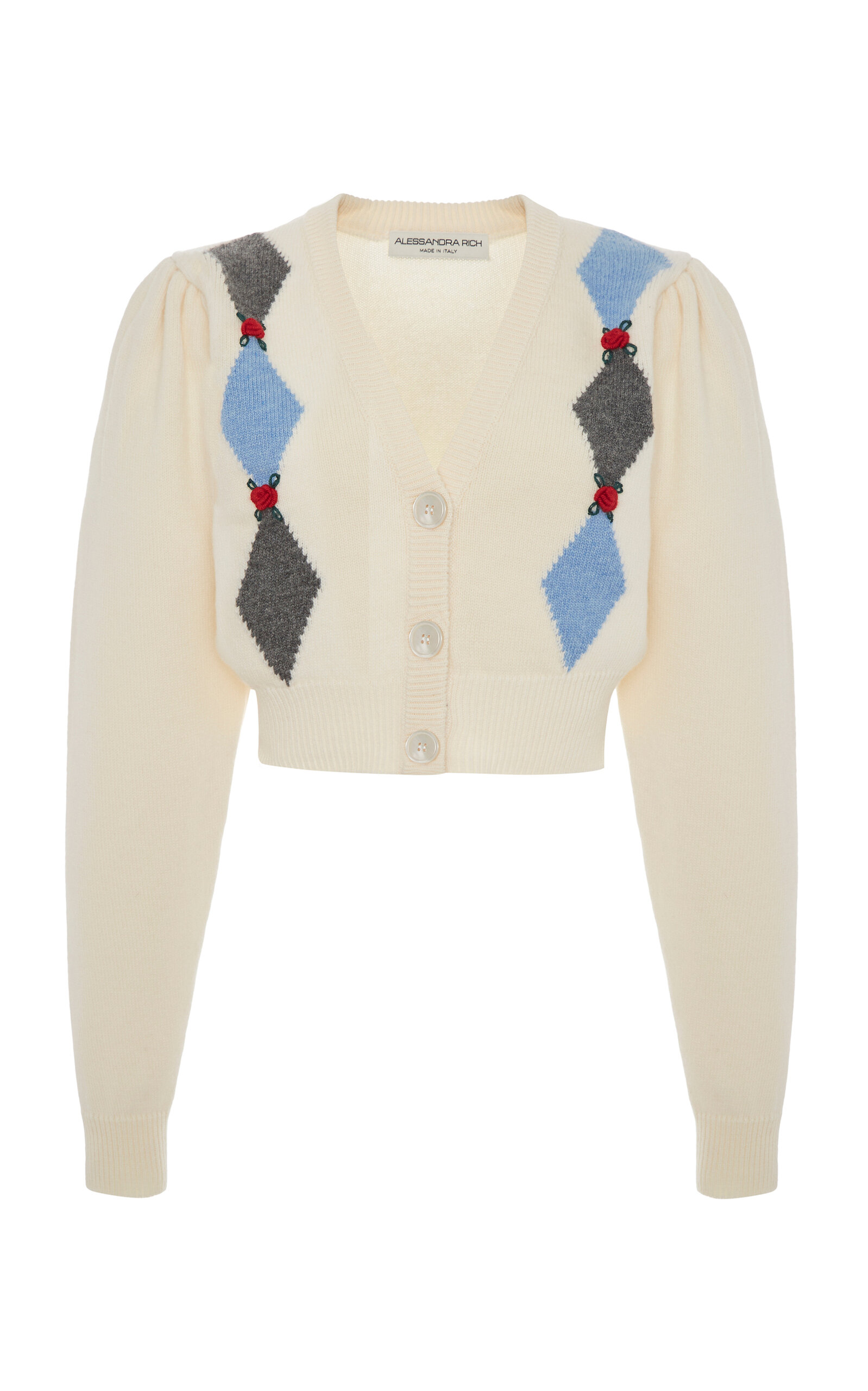 Alessandra Rich Argyle-intarsia-knit Cropped Wool Cardigan In White