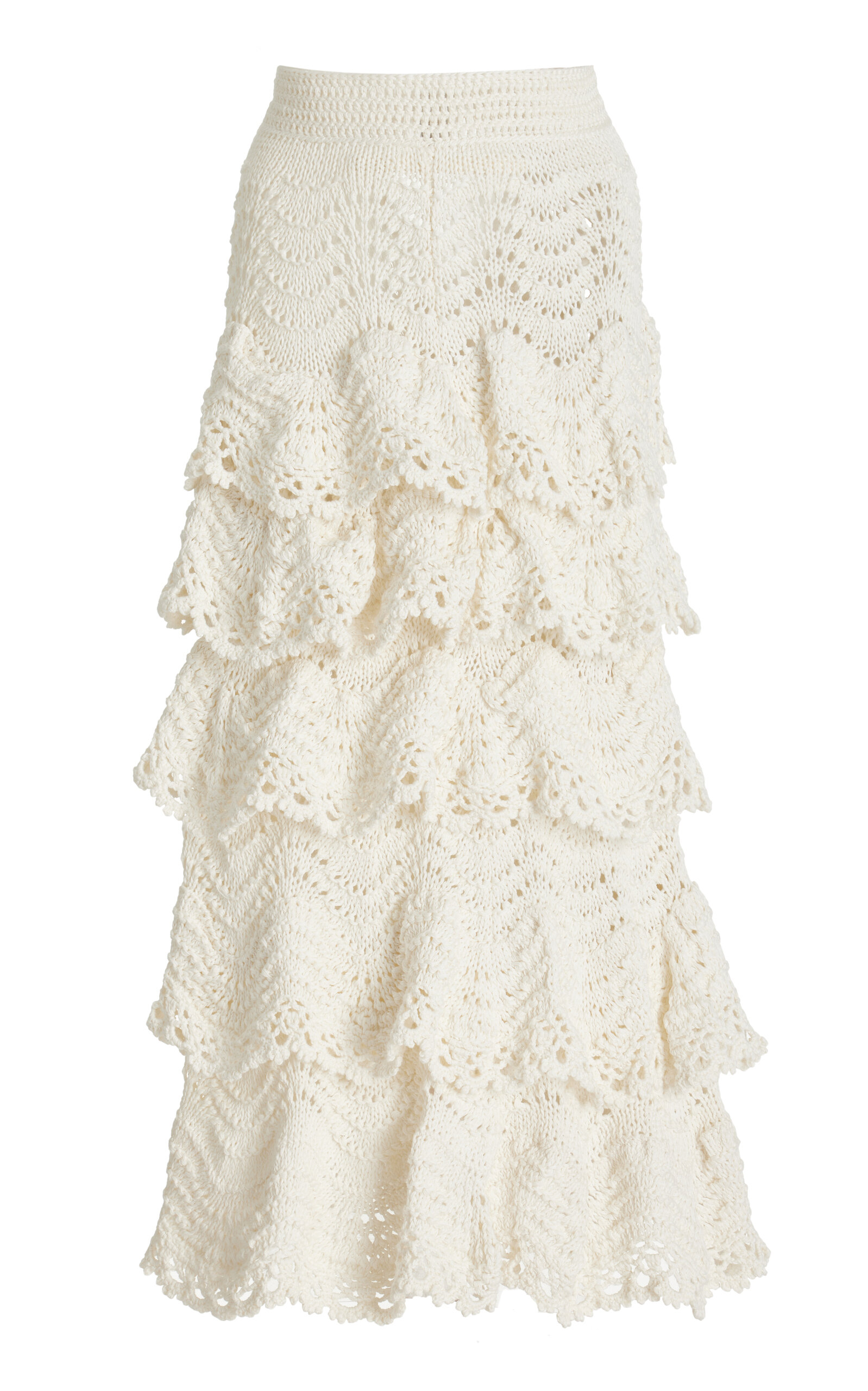 OSCAR DE LA RENTA TIERED CROCHETED COTTON MIDI SKIRT