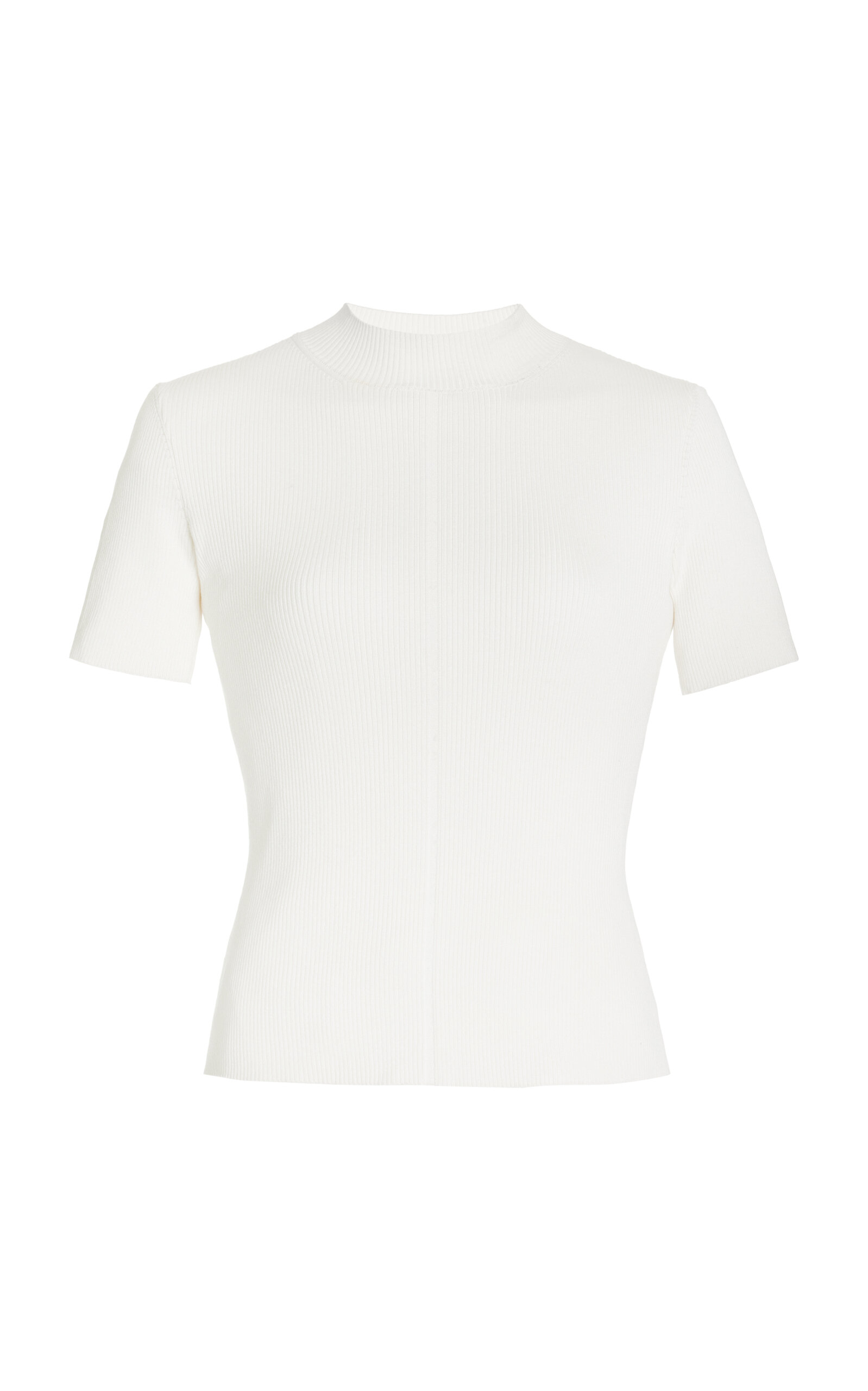 Oscar De La Renta Short Sleeve Mock Neck Ribbed Pullover In White