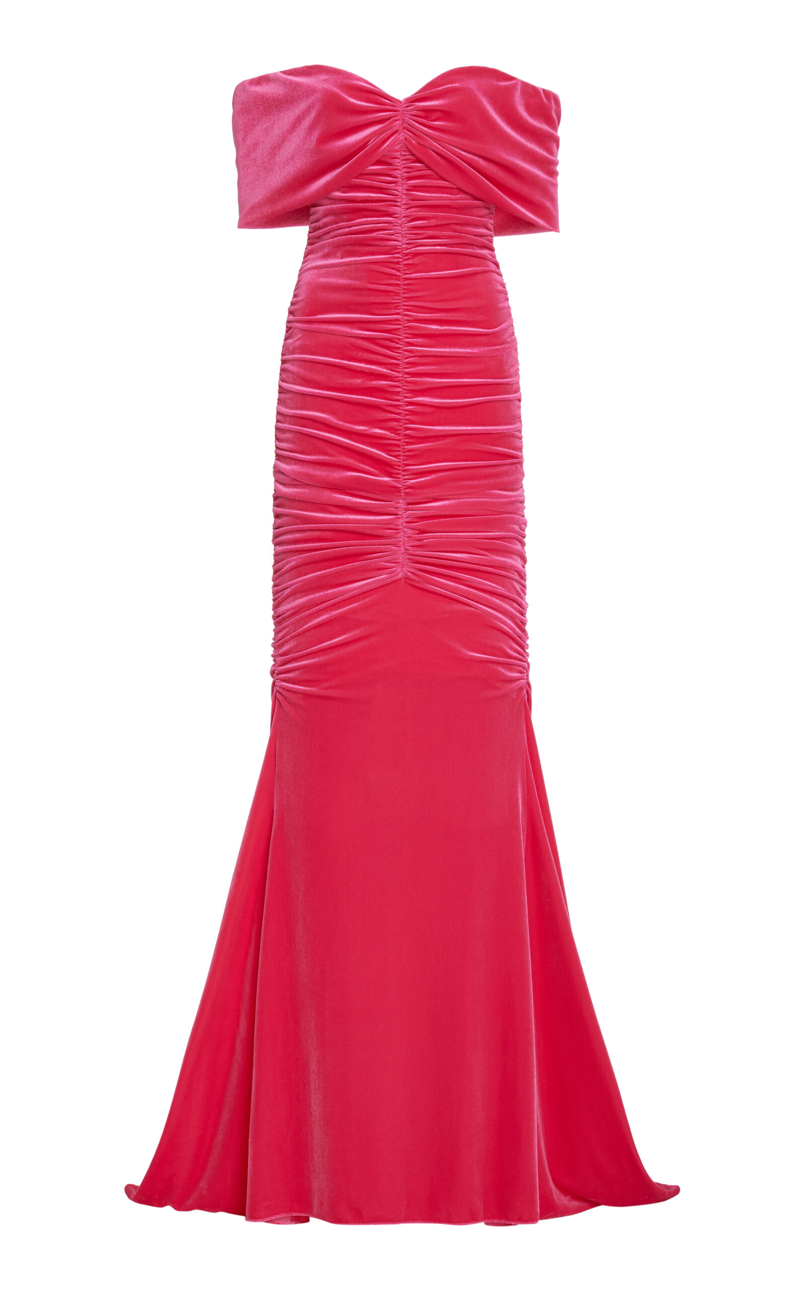 Shop Monique Lhuillier Ruched Off-the-shoulder Velvet Gown In Fuchsia