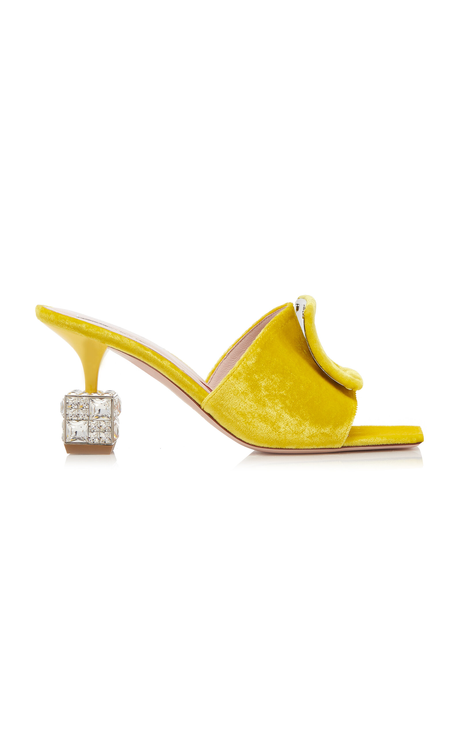 Shop Roger Vivier Embellished-cube Heel Velvet Mules In Yellow