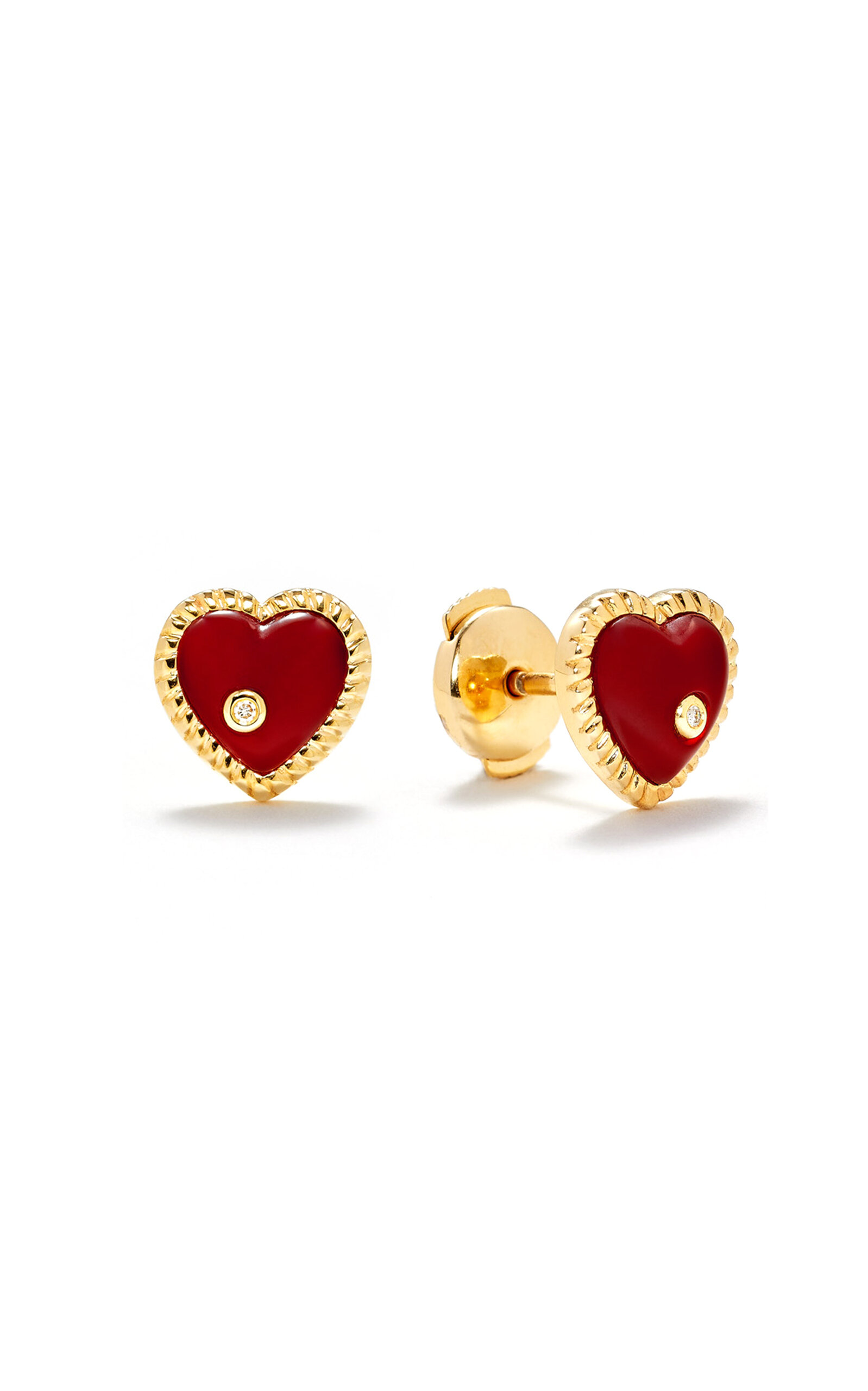 Yvonne Léon 9k Yellow Gold Red Agate Dome Heart Stud Earrings