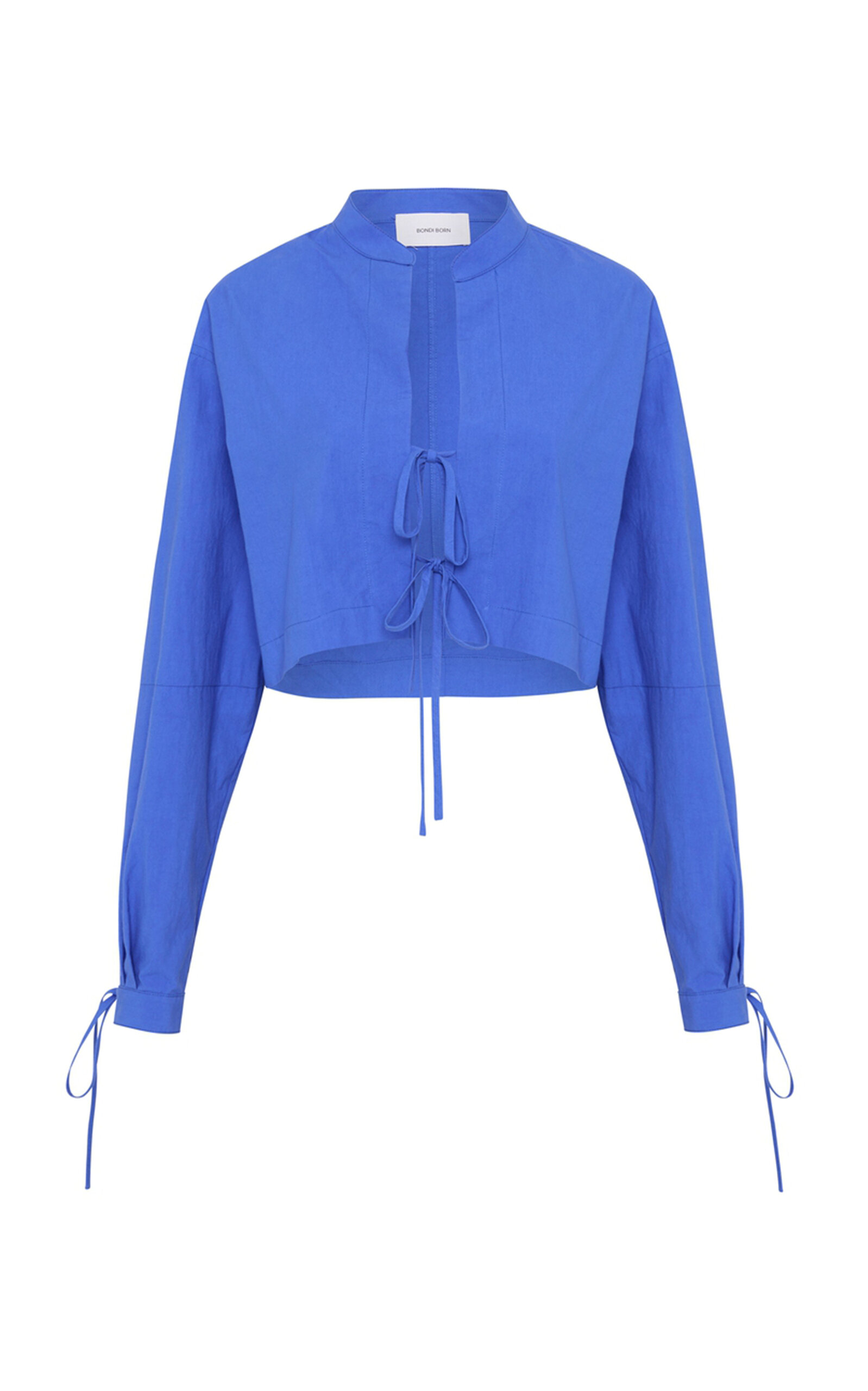 Bondi Born Papeno Stand-collar Front-tie Cropped Shirt In Blue