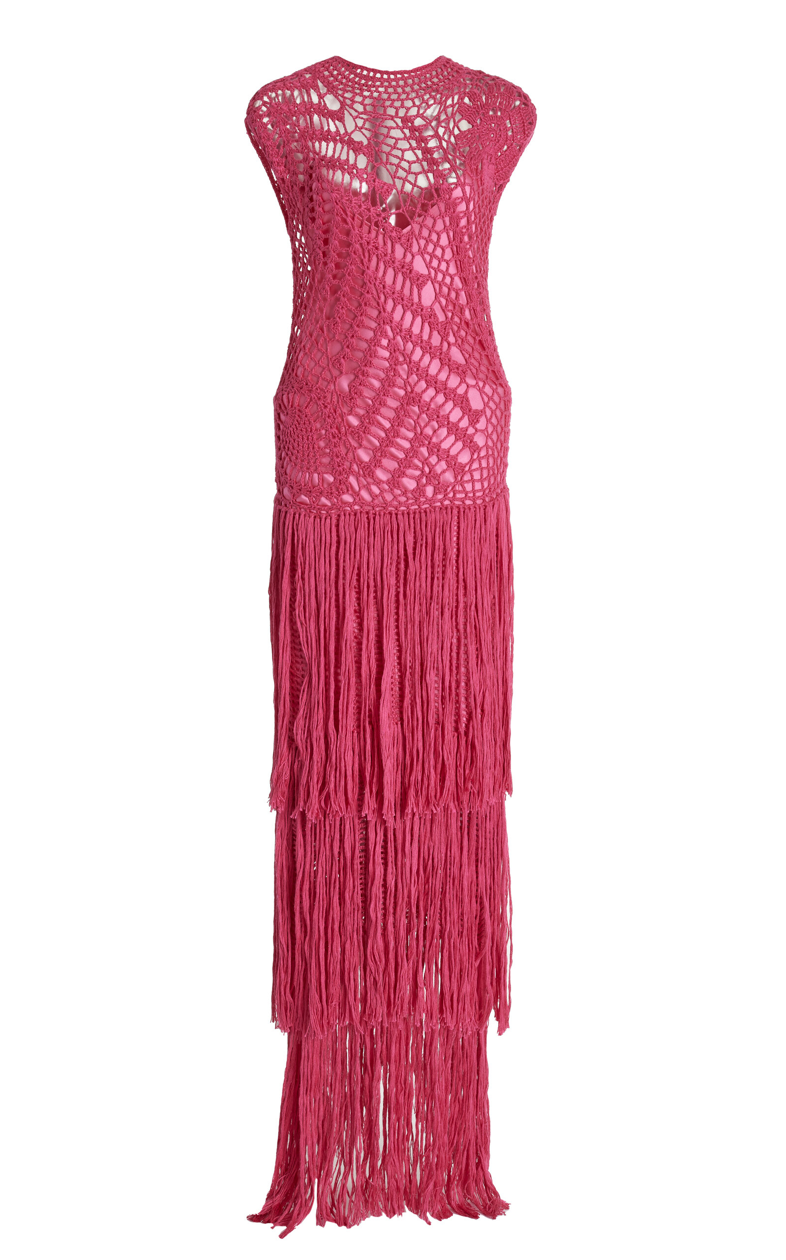 Alejandra Alonso Rojas Fringed Crochet Silk Maxi Dress In Burgundy