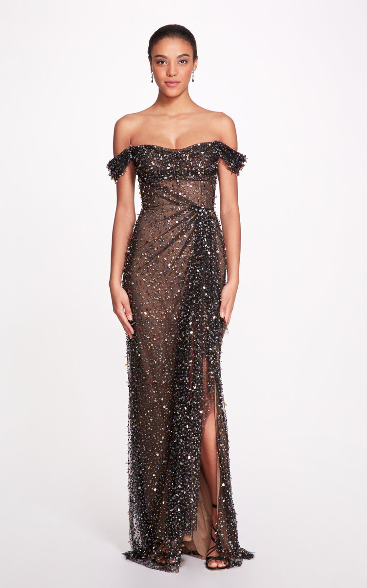 Marchesa Women's Draped Off-the-shoulder Crystal And Sequin Illusion ...