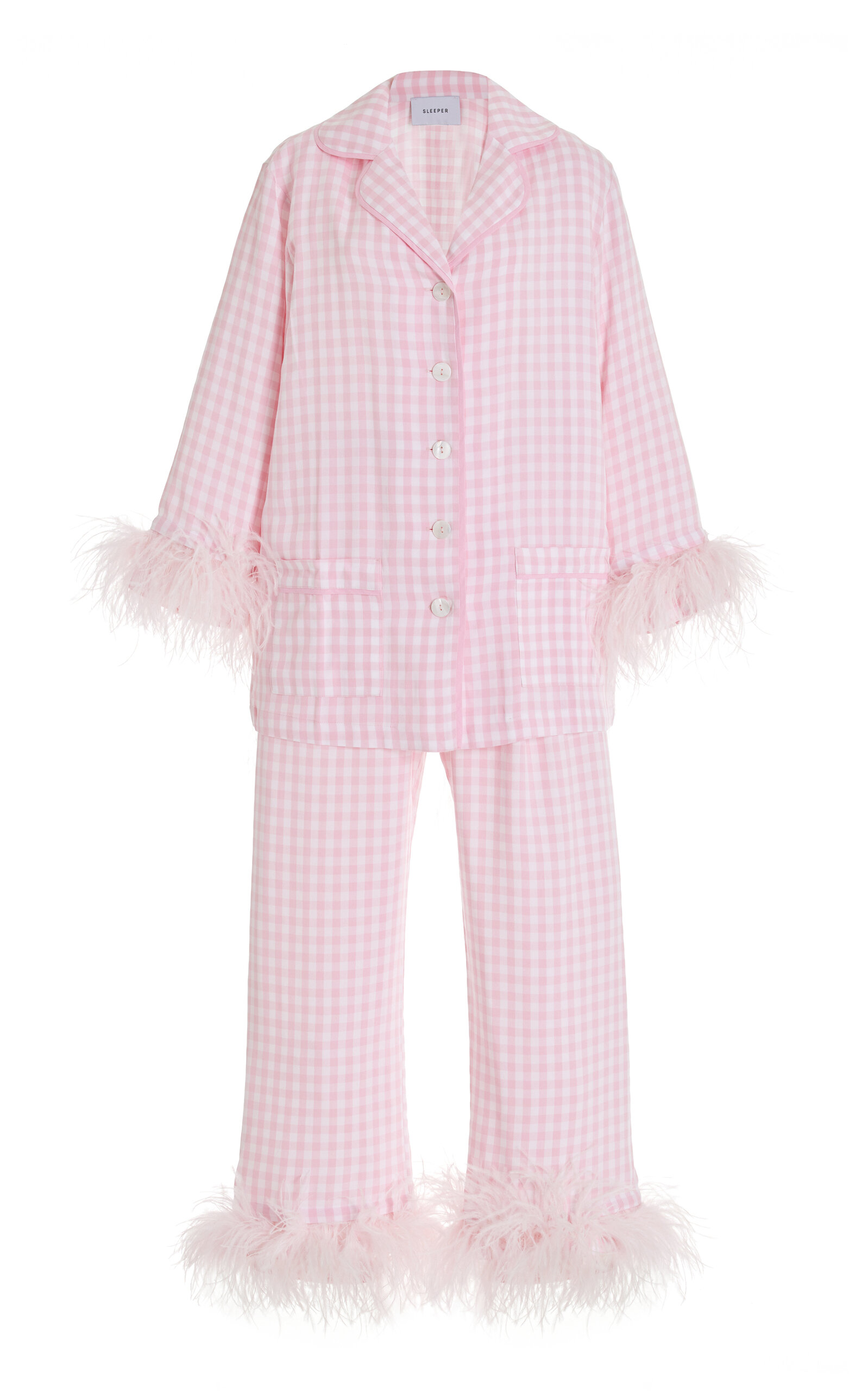 SLEEPER PARTY FEATHER-TRIMMED GINGHAM PAJAMA SET