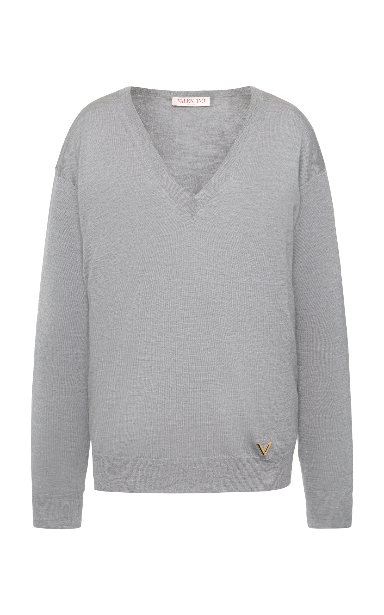 Valentino V Neck Long-sleeve Cashmere Sweater In Light Grey