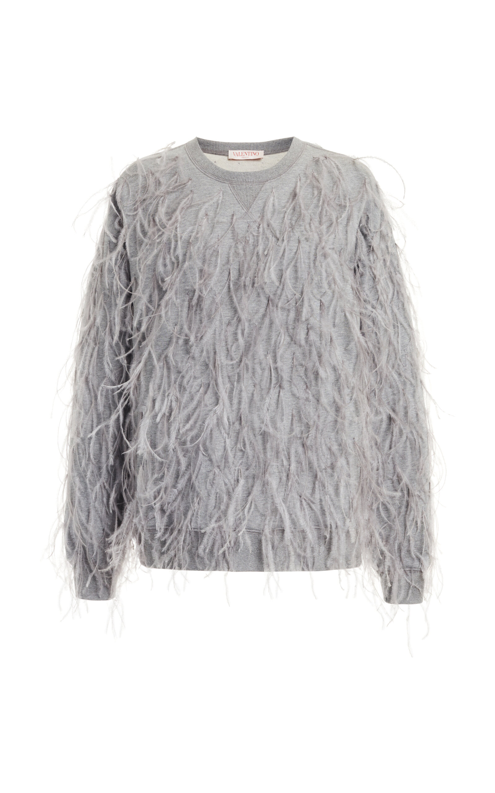 Valentino Feather-trimmed Cotton Jersey Sweater In Grey