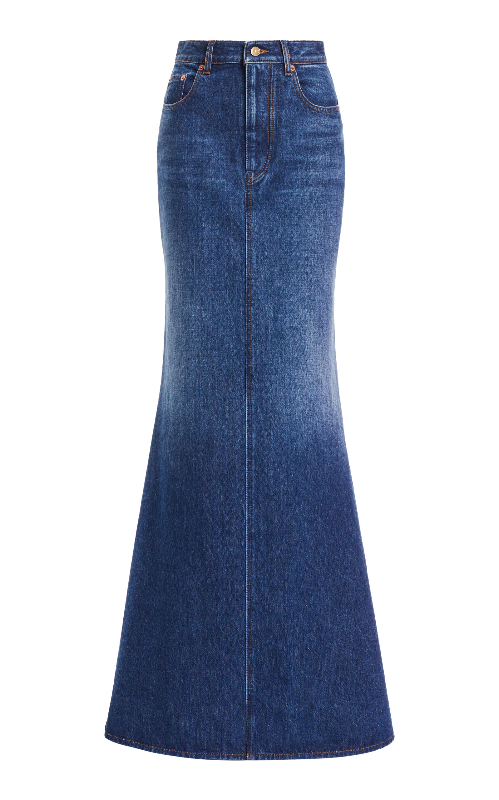 Valentino High Waist Denim Long Skirt In Medium Wash